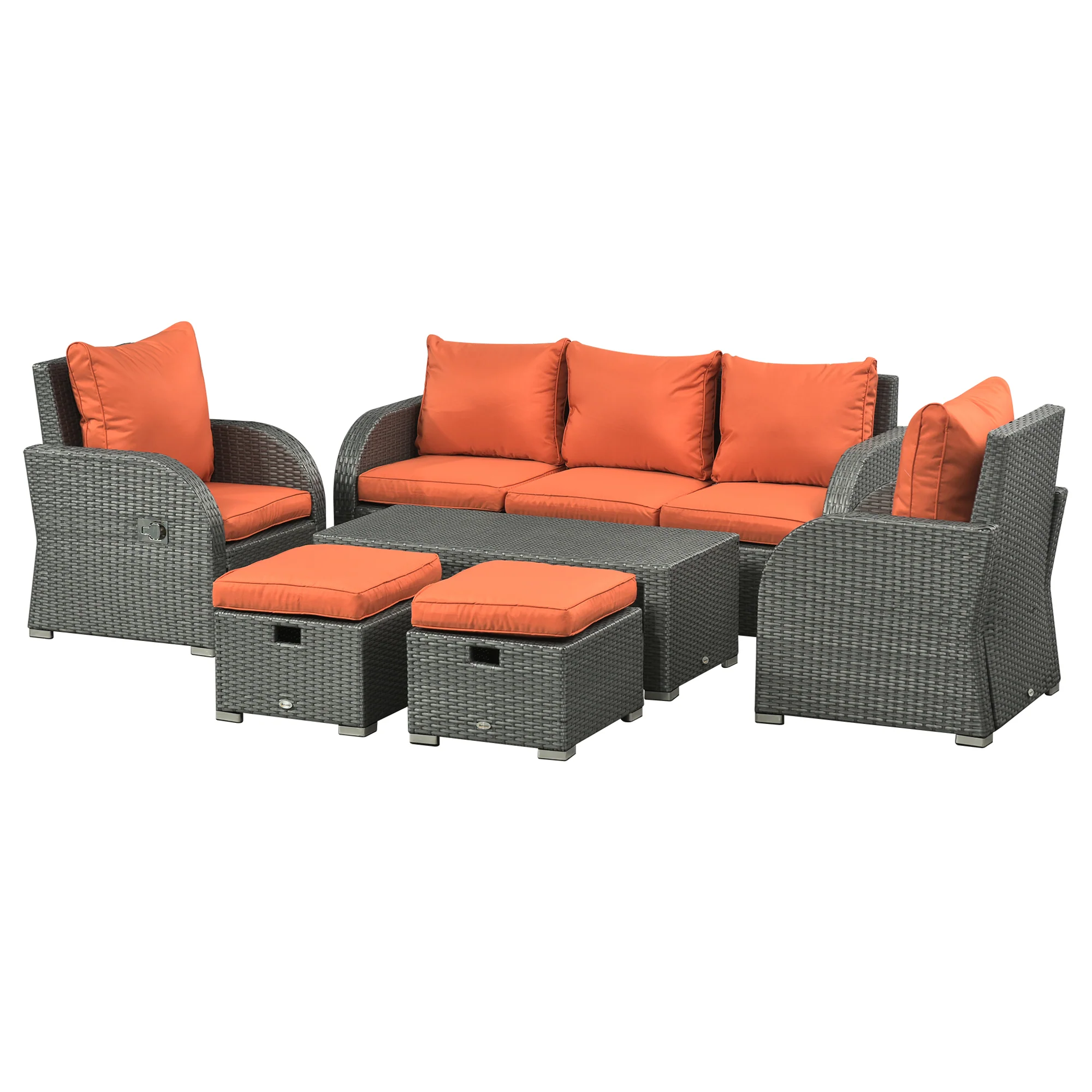 Rattan Garden Sofa Set w/ 3 Seater Sofa, Reclining Single Sofa, Coffee Table, Footstool, Orange - Image 2