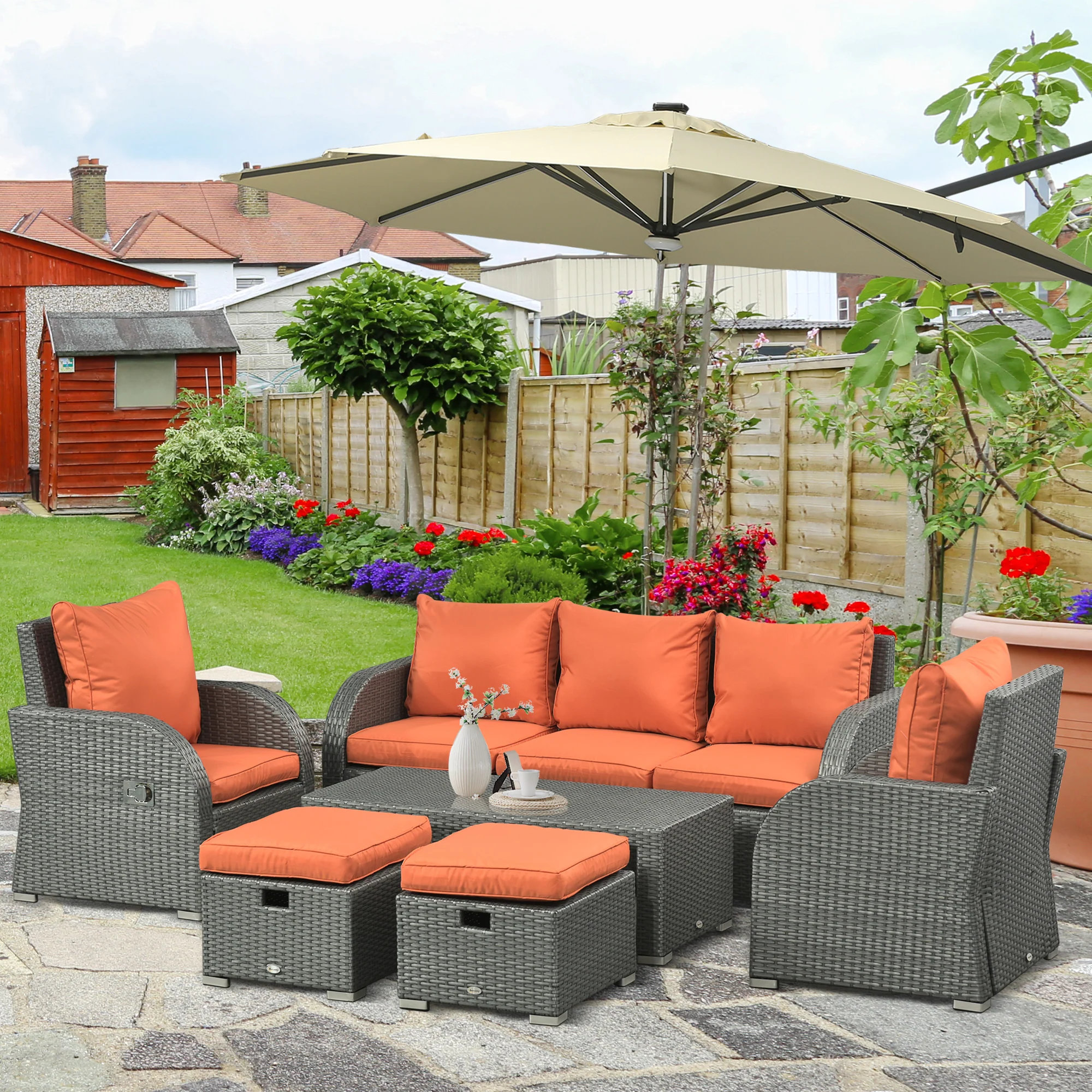 Rattan Garden Sofa Set w/ 3 Seater Sofa, Reclining Single Sofa, Coffee Table, Footstool, Orange - Image 4