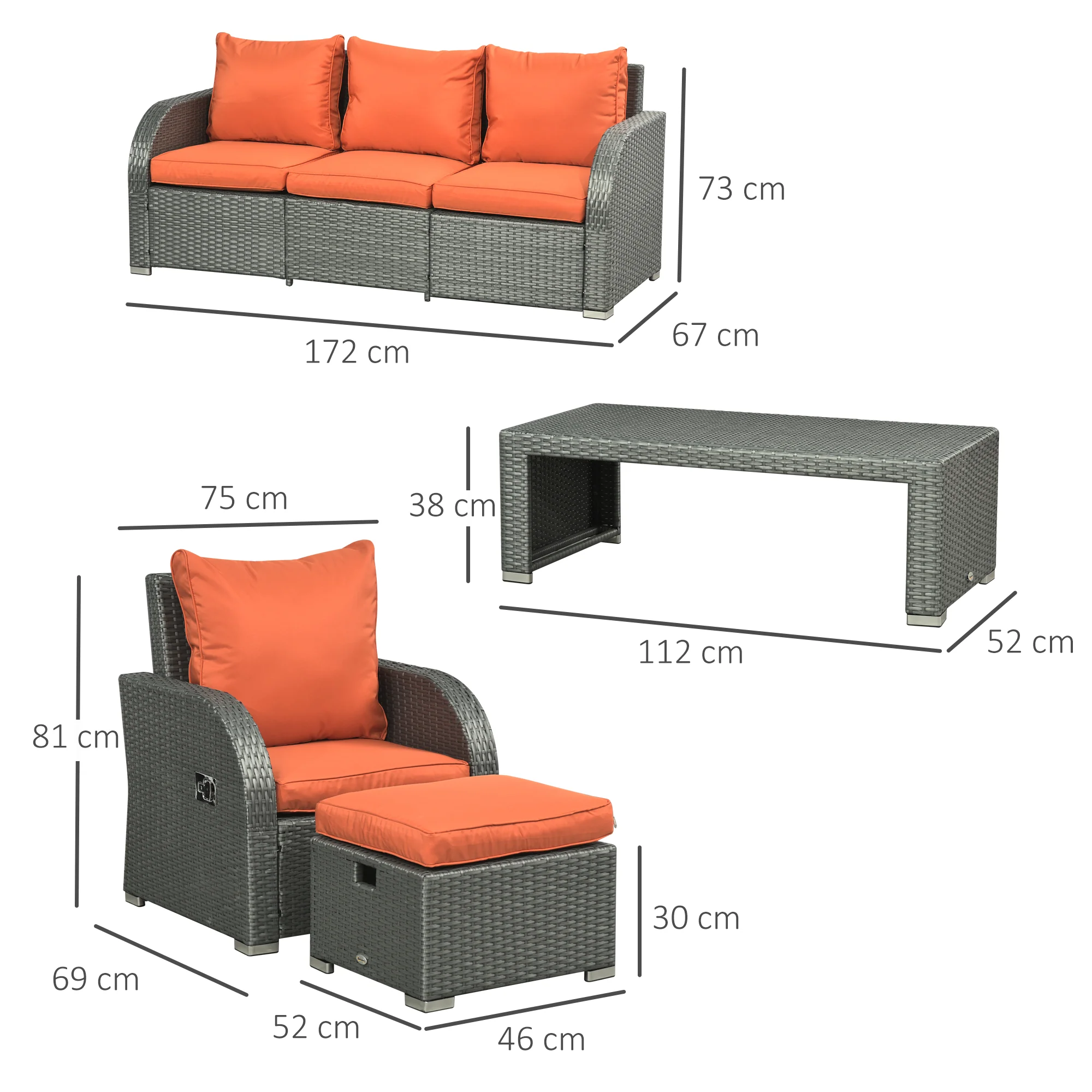 Rattan Garden Sofa Set w/ 3 Seater Sofa, Reclining Single Sofa, Coffee Table, Footstool, Orange - Image 5