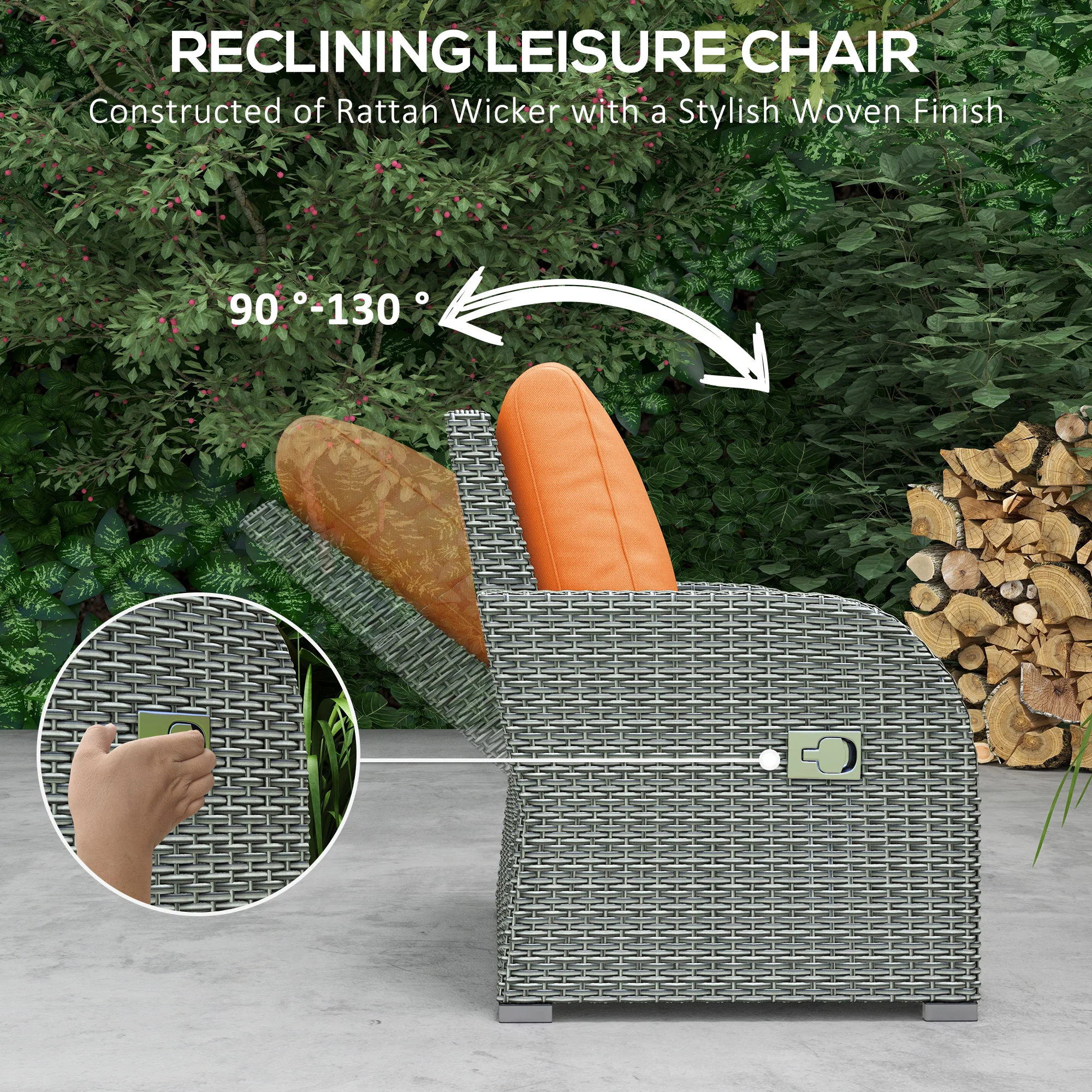 Rattan Garden Sofa Set w/ 3 Seater Sofa, Reclining Single Sofa, Coffee Table, Footstool, Orange - Image 6