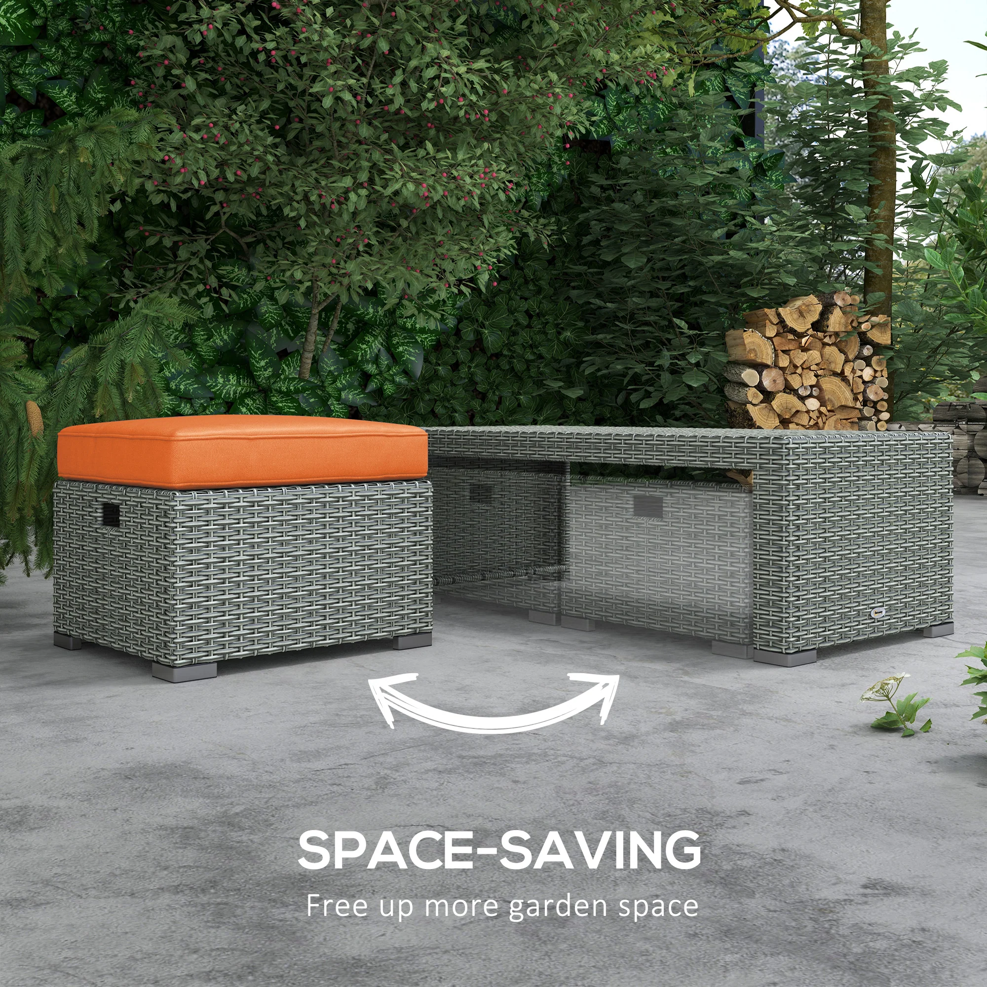 Rattan Garden Sofa Set w/ 3 Seater Sofa, Reclining Single Sofa, Coffee Table, Footstool, Orange - Image 7