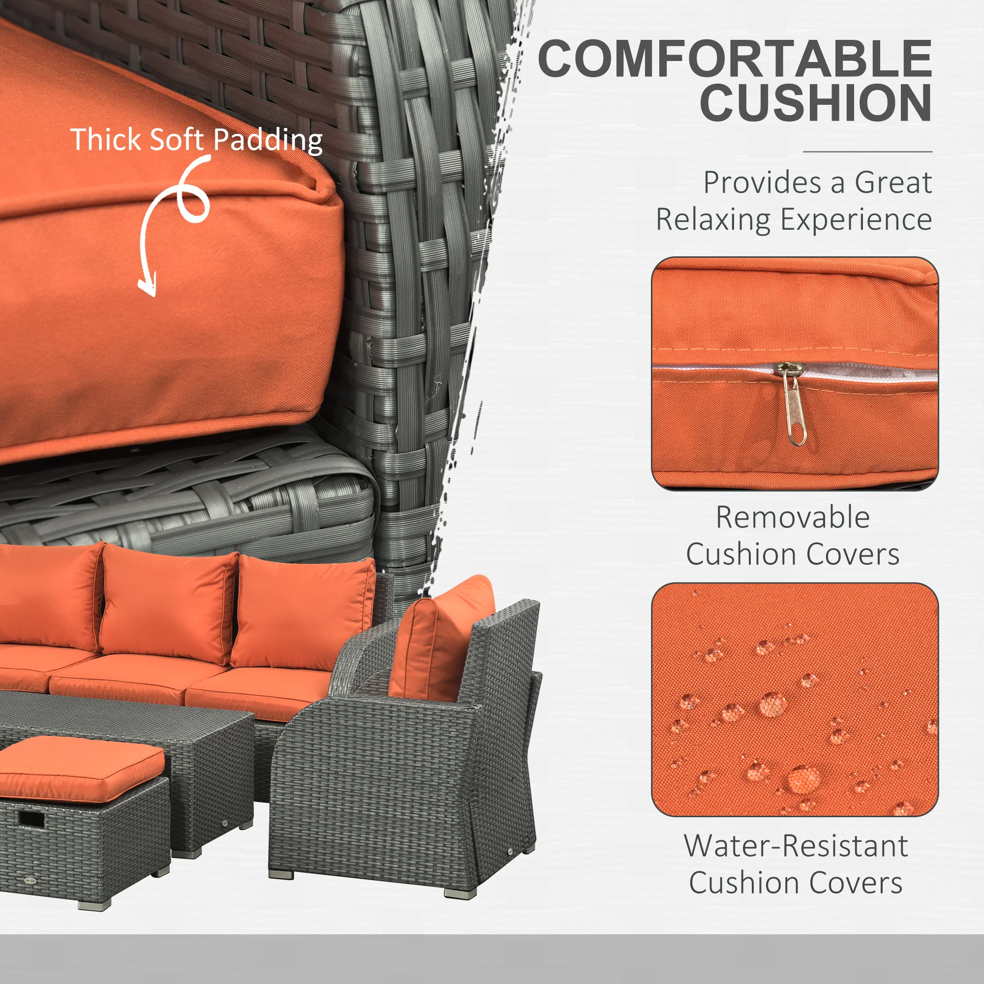 Rattan Garden Sofa Set w/ 3 Seater Sofa, Reclining Single Sofa, Coffee Table, Footstool, Orange - Image 9