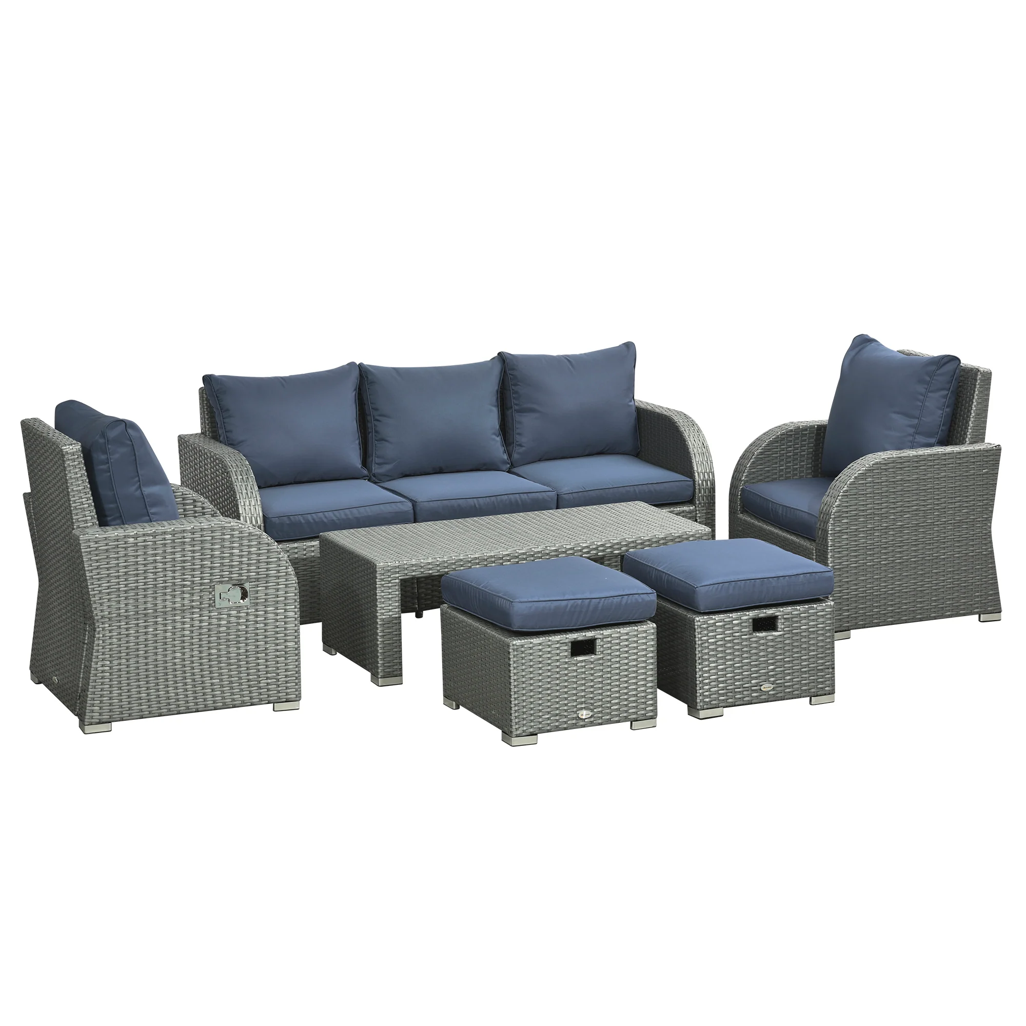 Rattan Garden Sofa Set w/ 3 Seater Sofa, Reclining Single Sofa, Coffee Table, Footstool, Blue - Image 12