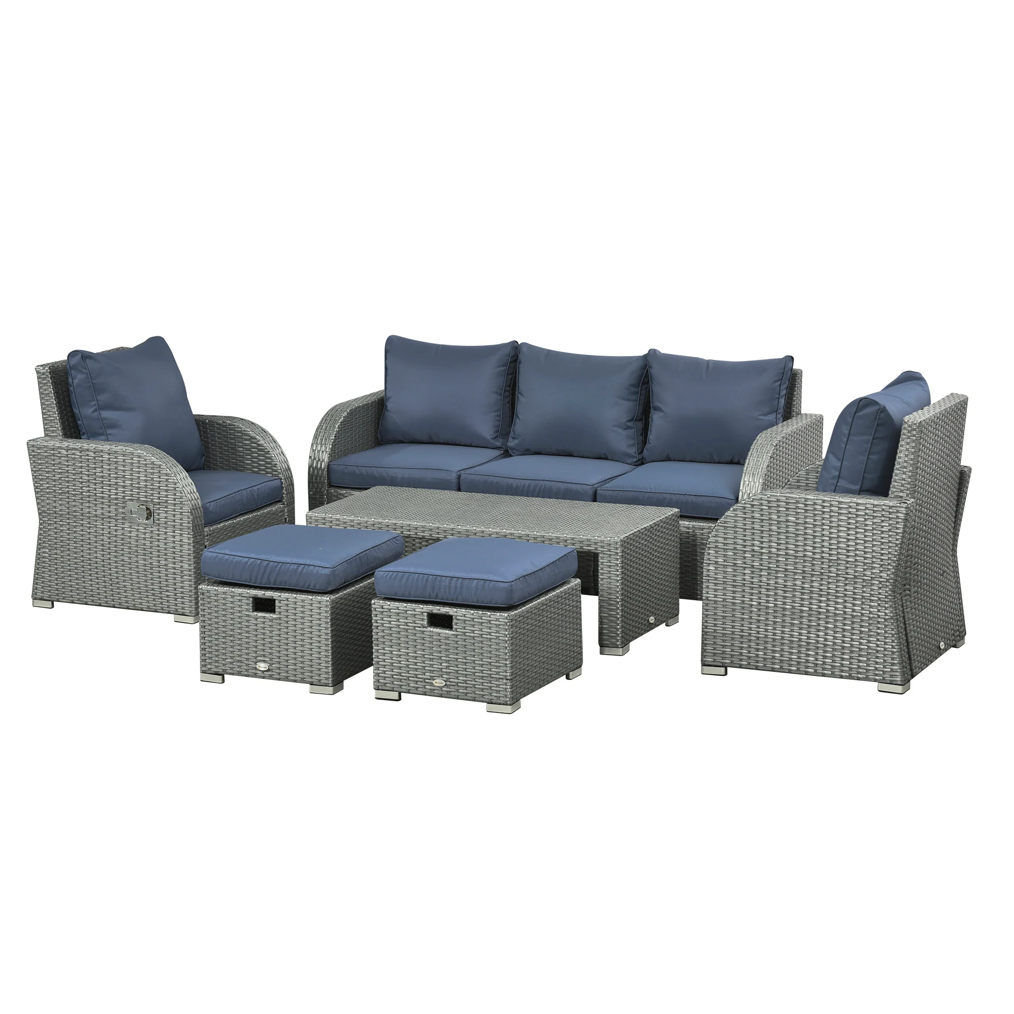 Rattan Garden Sofa Set w/ 3 Seater Sofa, Reclining Single Sofa, Coffee Table, Footstool, Blue - Image 2