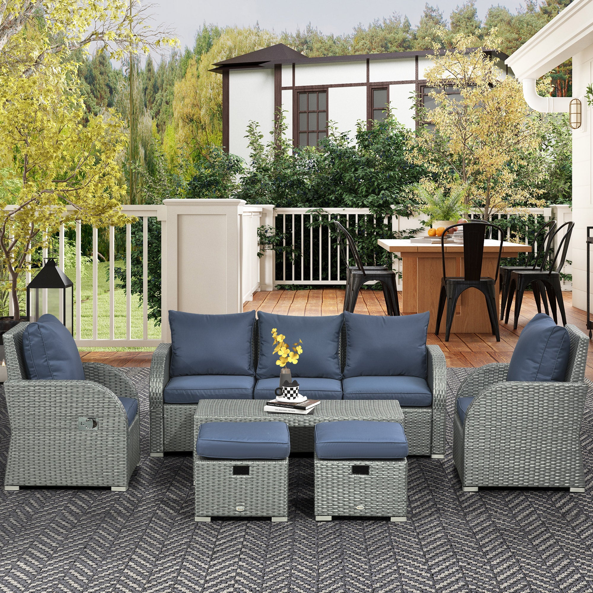 Rattan Garden Sofa Set w/ 3 Seater Sofa, Reclining Single Sofa, Coffee Table, Footstool, Blue - Image 3