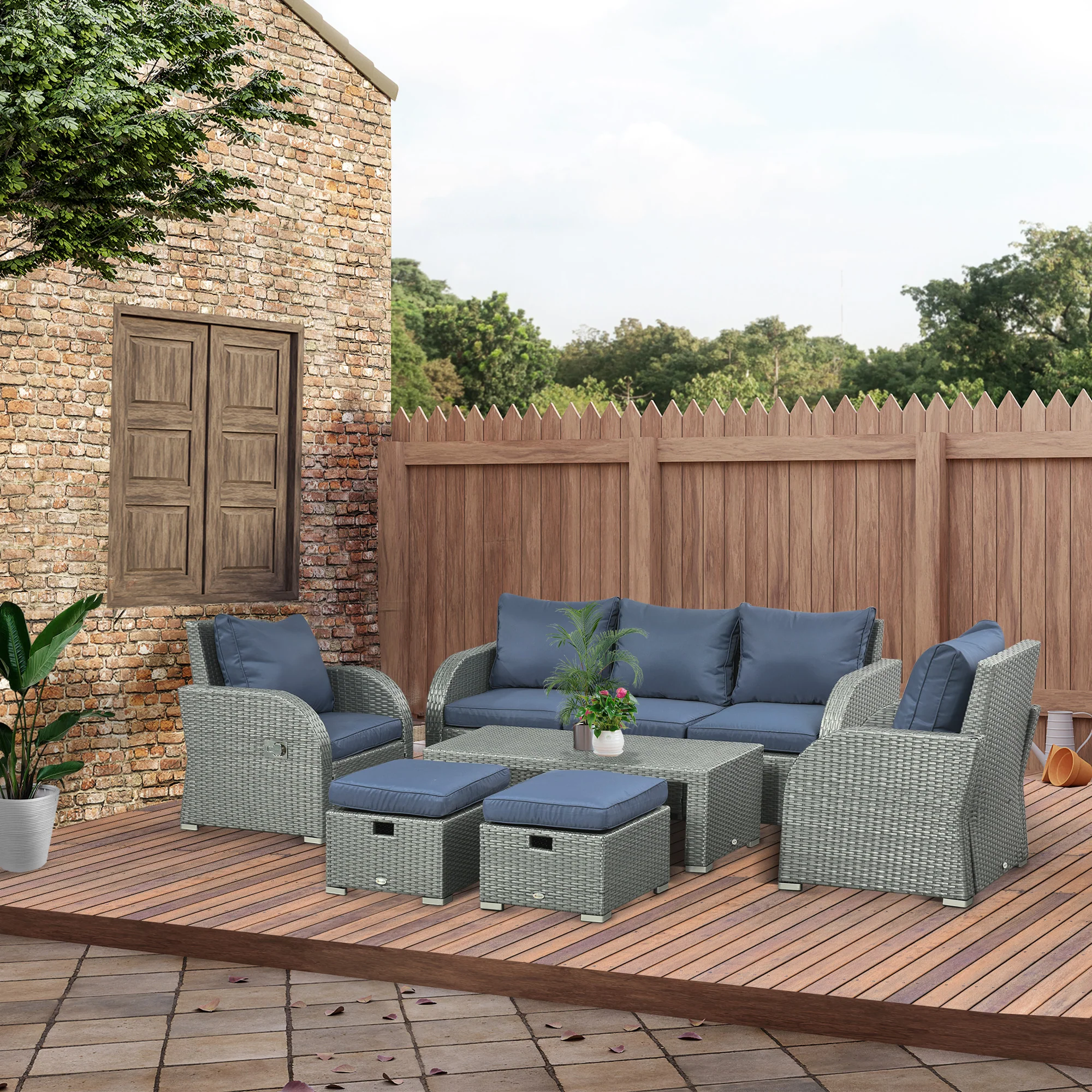 Rattan Garden Sofa Set w/ 3 Seater Sofa, Reclining Single Sofa, Coffee Table, Footstool, Blue - Image 4