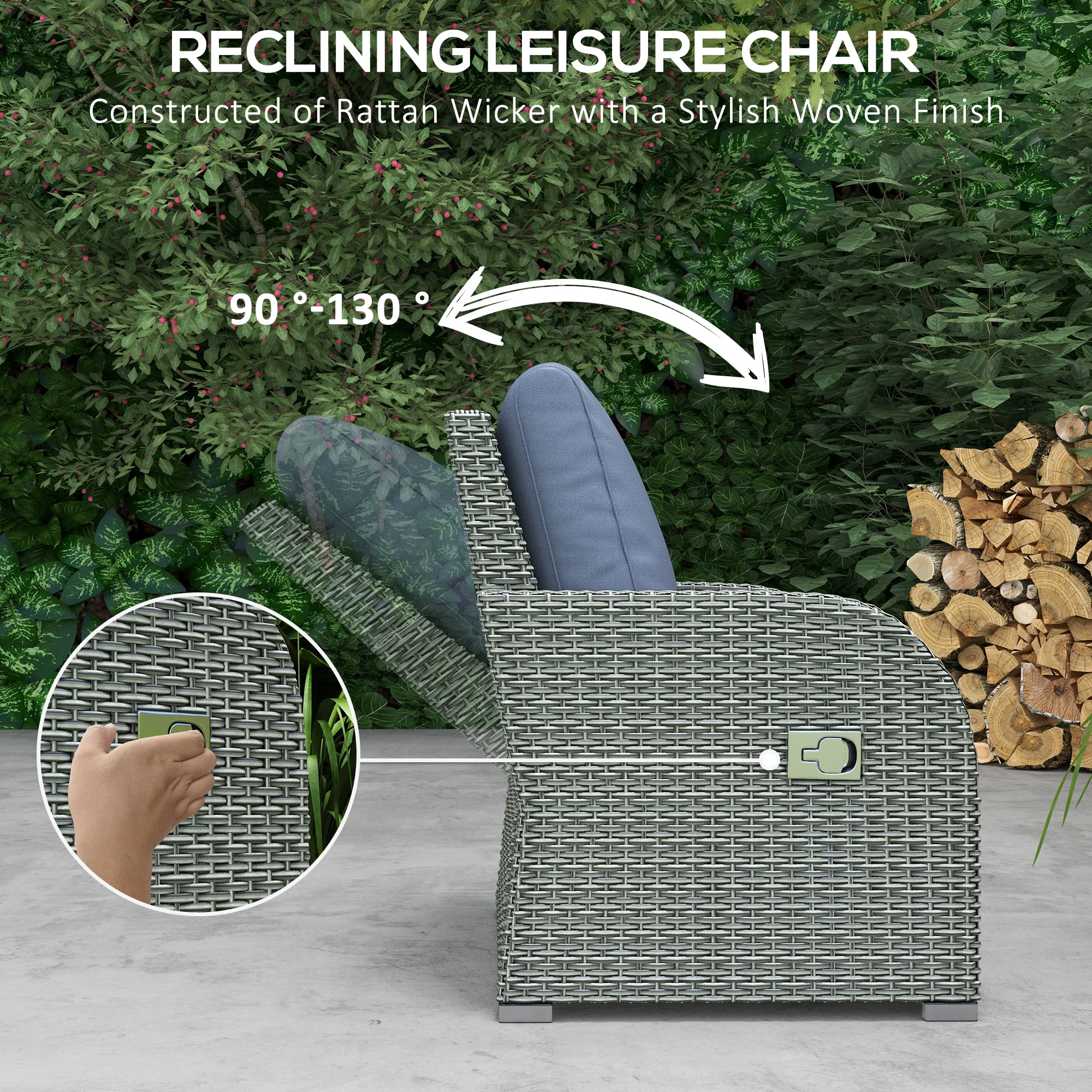 Rattan Garden Sofa Set w/ 3 Seater Sofa, Reclining Single Sofa, Coffee Table, Footstool, Blue - Image 6