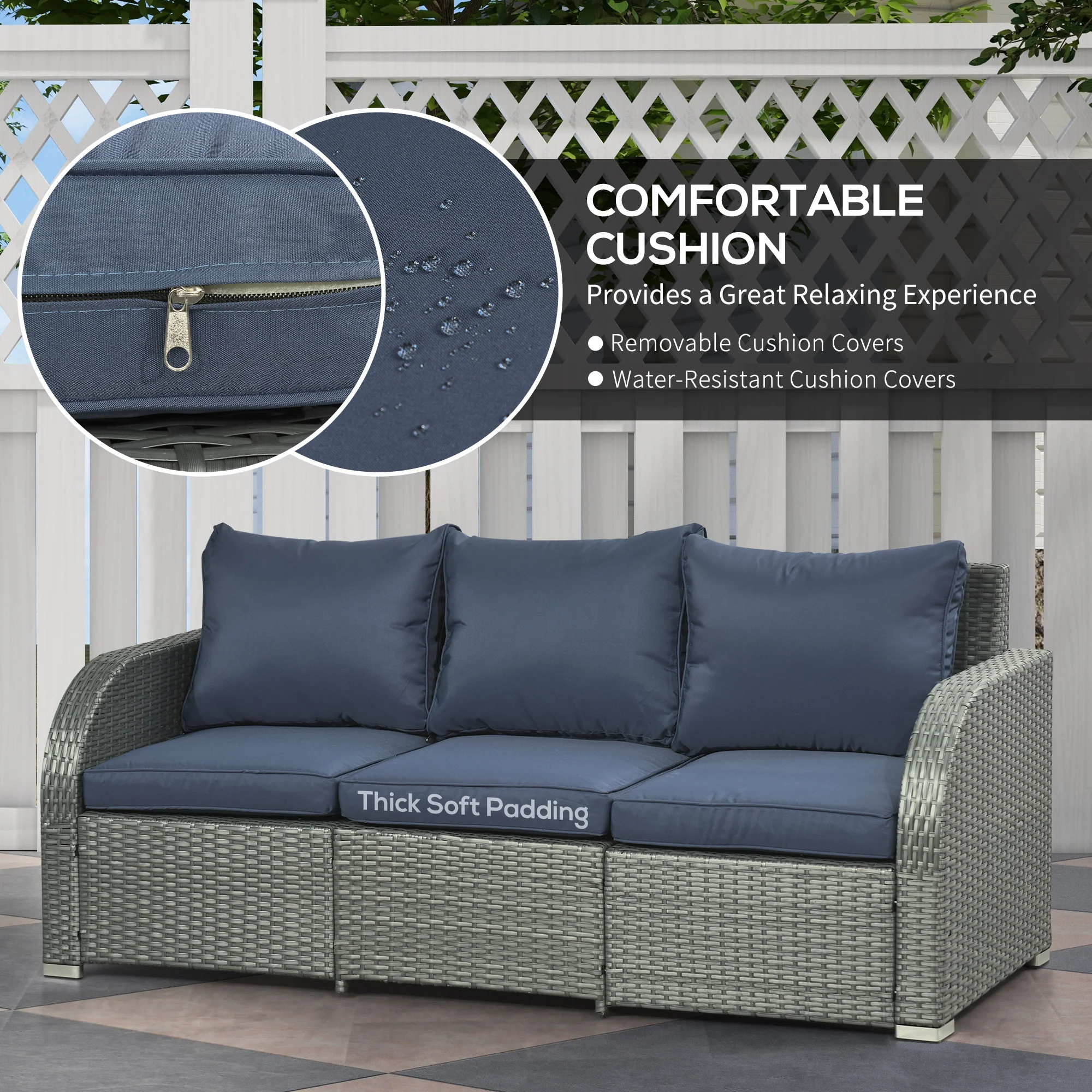 Rattan Garden Sofa Set w/ 3 Seater Sofa, Reclining Single Sofa, Coffee Table, Footstool, Blue - Image 9