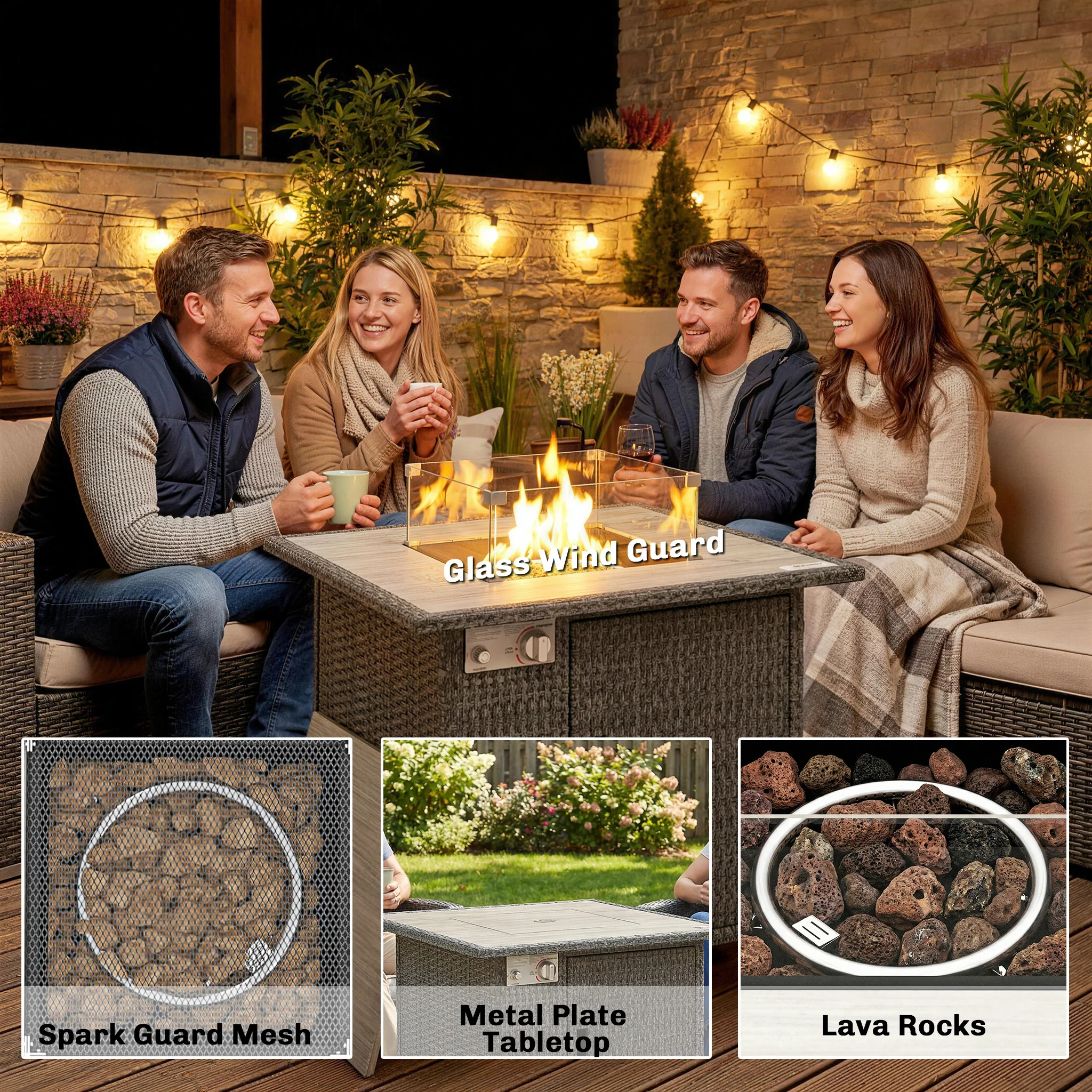 14.5 KW Rattan Gas Fire Pit Table with Cover, Wind Guard & Lid, Dark Grey - Image 11