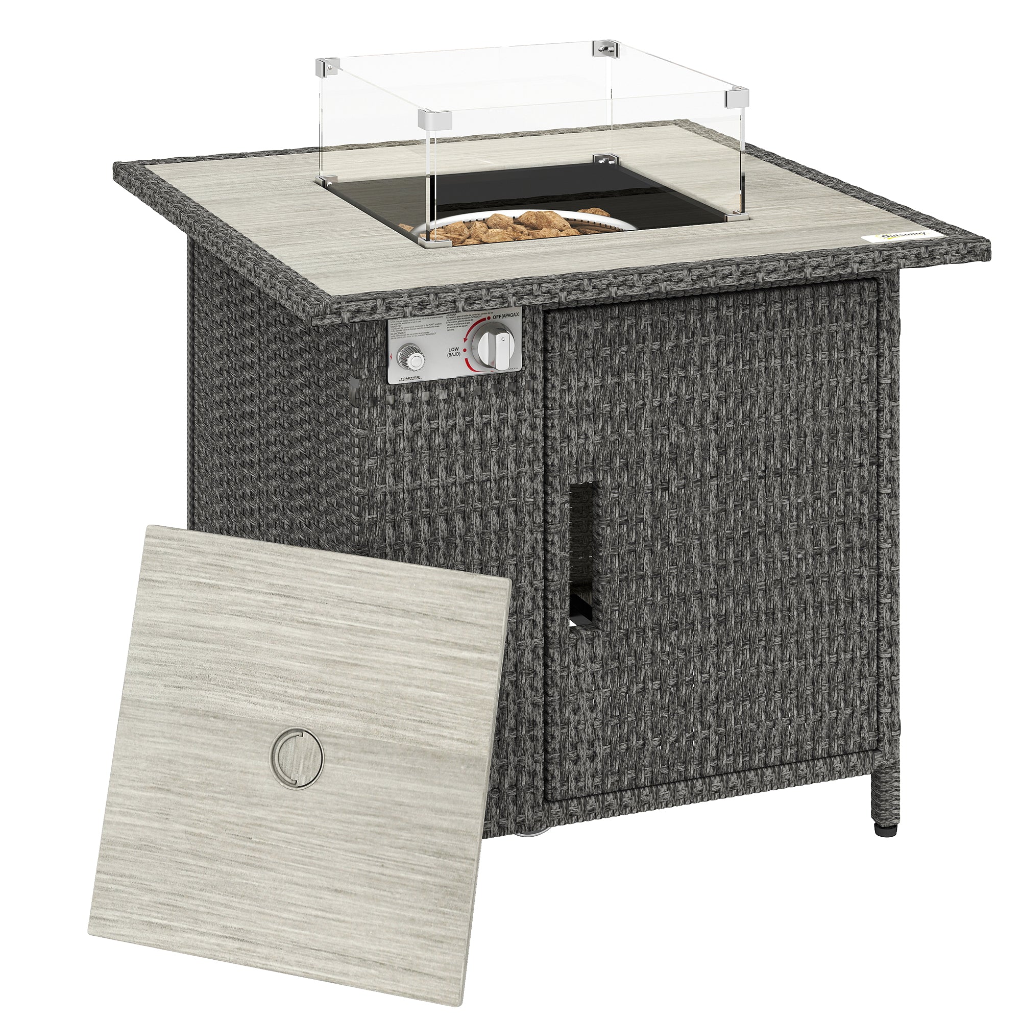 14.5 KW Rattan Gas Fire Pit Table with Cover, Wind Guard & Lid, Dark Grey - Image 12