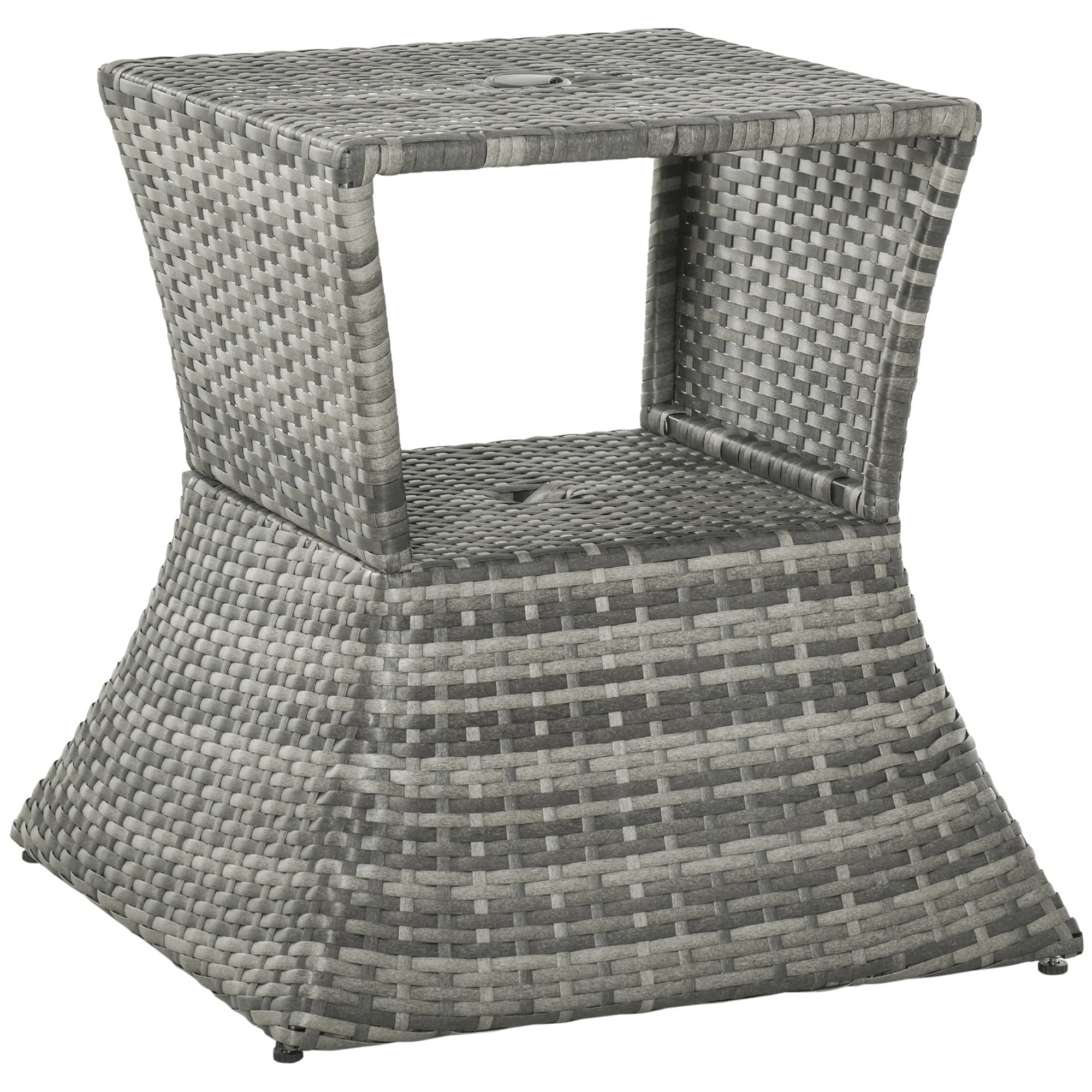 Wicker Patio Bistro Side Table with Umbrella Hole & Storage Space for Balcony, Grey