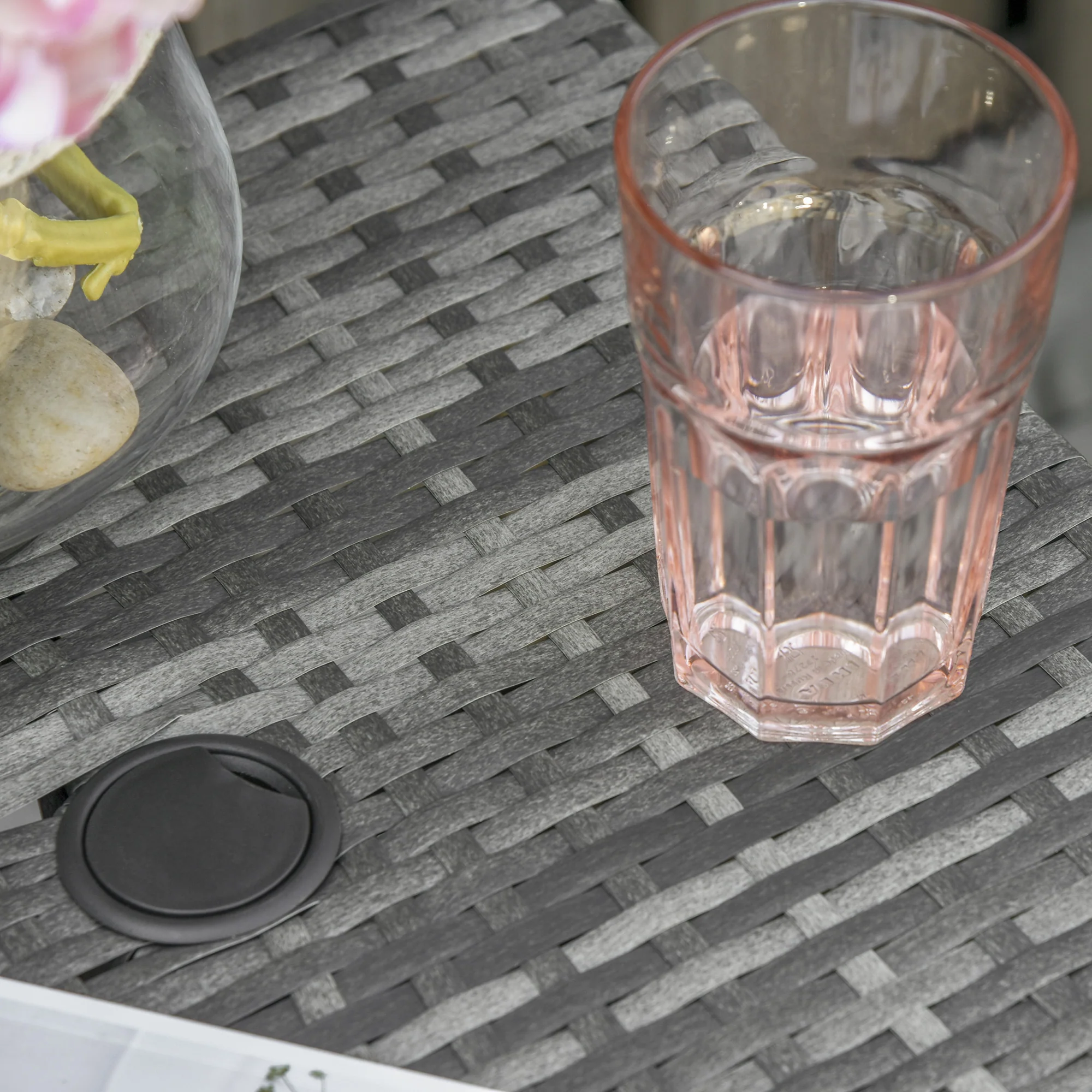 Wicker Patio Bistro Side Table with Umbrella Hole & Storage Space for Balcony, Grey - Image 10