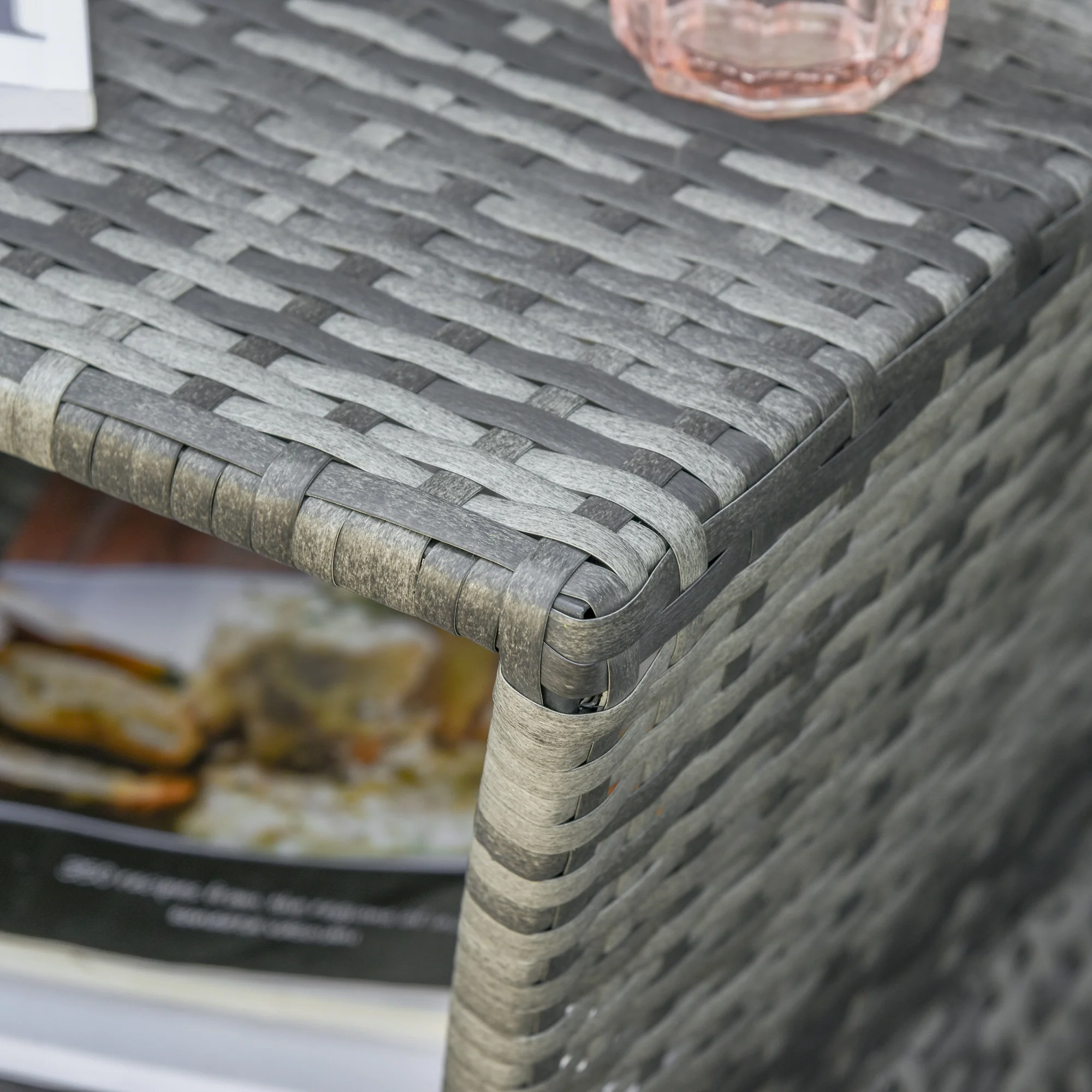 Wicker Patio Bistro Side Table with Umbrella Hole & Storage Space for Balcony, Grey - Image 11