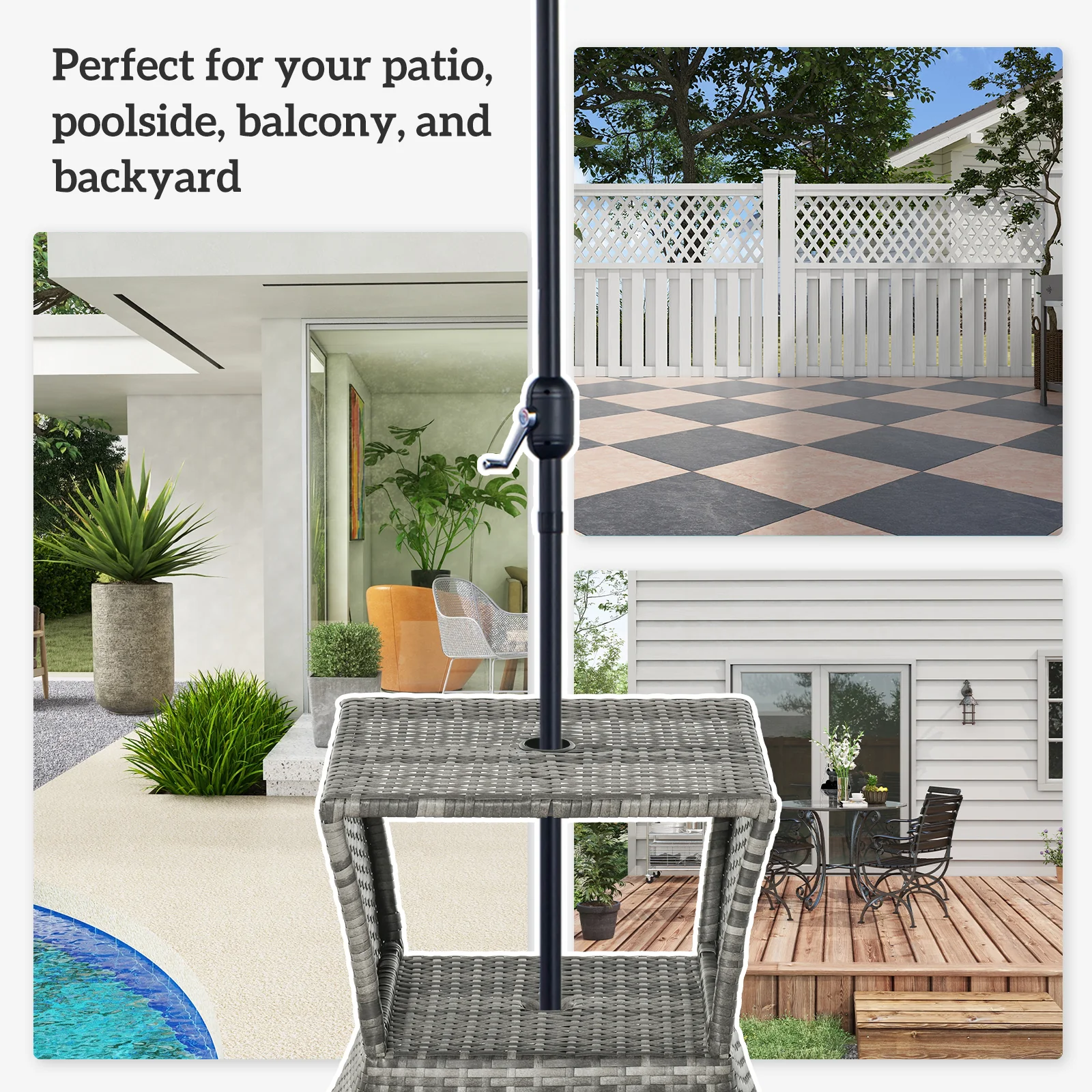 Wicker Patio Bistro Side Table with Umbrella Hole & Storage Space for Balcony, Grey - Image 6