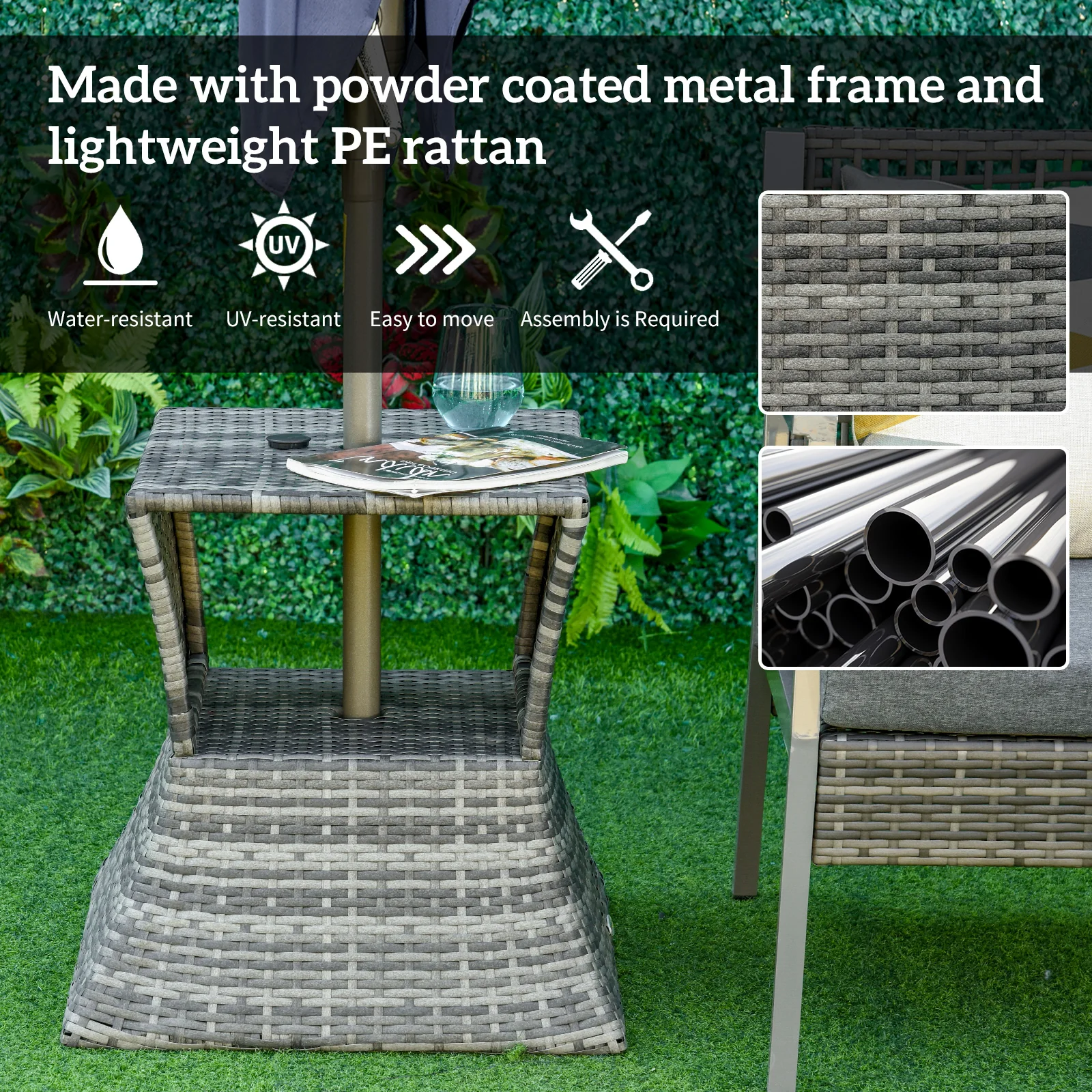 Wicker Patio Bistro Side Table with Umbrella Hole & Storage Space for Balcony, Grey - Image 8