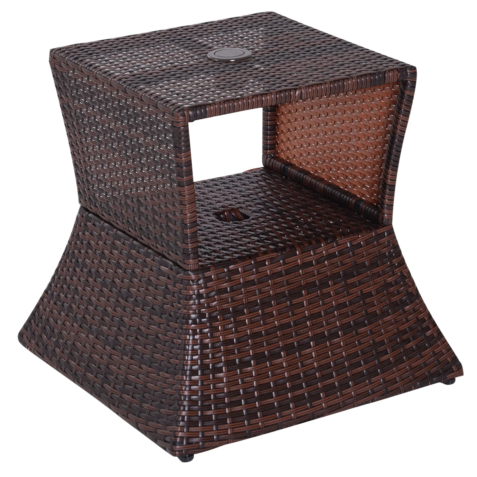 Wicker Patio Bistro Side Table with Umbrella Hole & Storage Space for Balcony, Brown