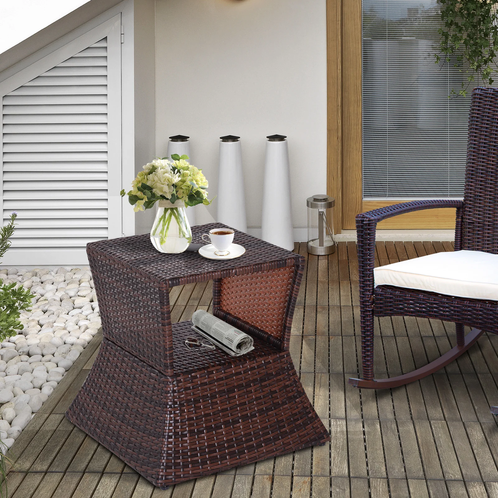 Wicker Patio Bistro Side Table with Umbrella Hole & Storage Space for Balcony, Brown - Image 3