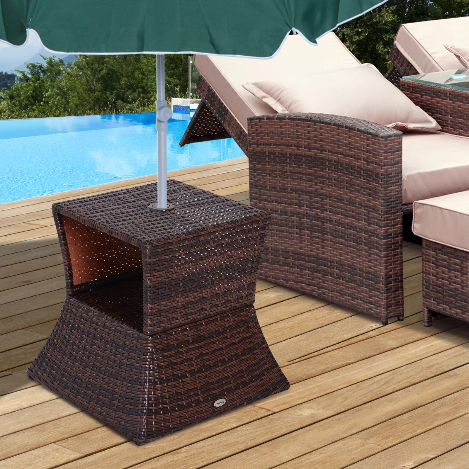 Wicker Patio Bistro Side Table with Umbrella Hole & Storage Space for Balcony, Brown - Image 4