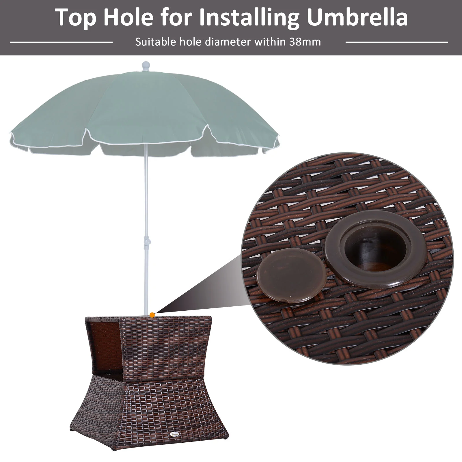 Wicker Patio Bistro Side Table with Umbrella Hole & Storage Space for Balcony, Brown - Image 6