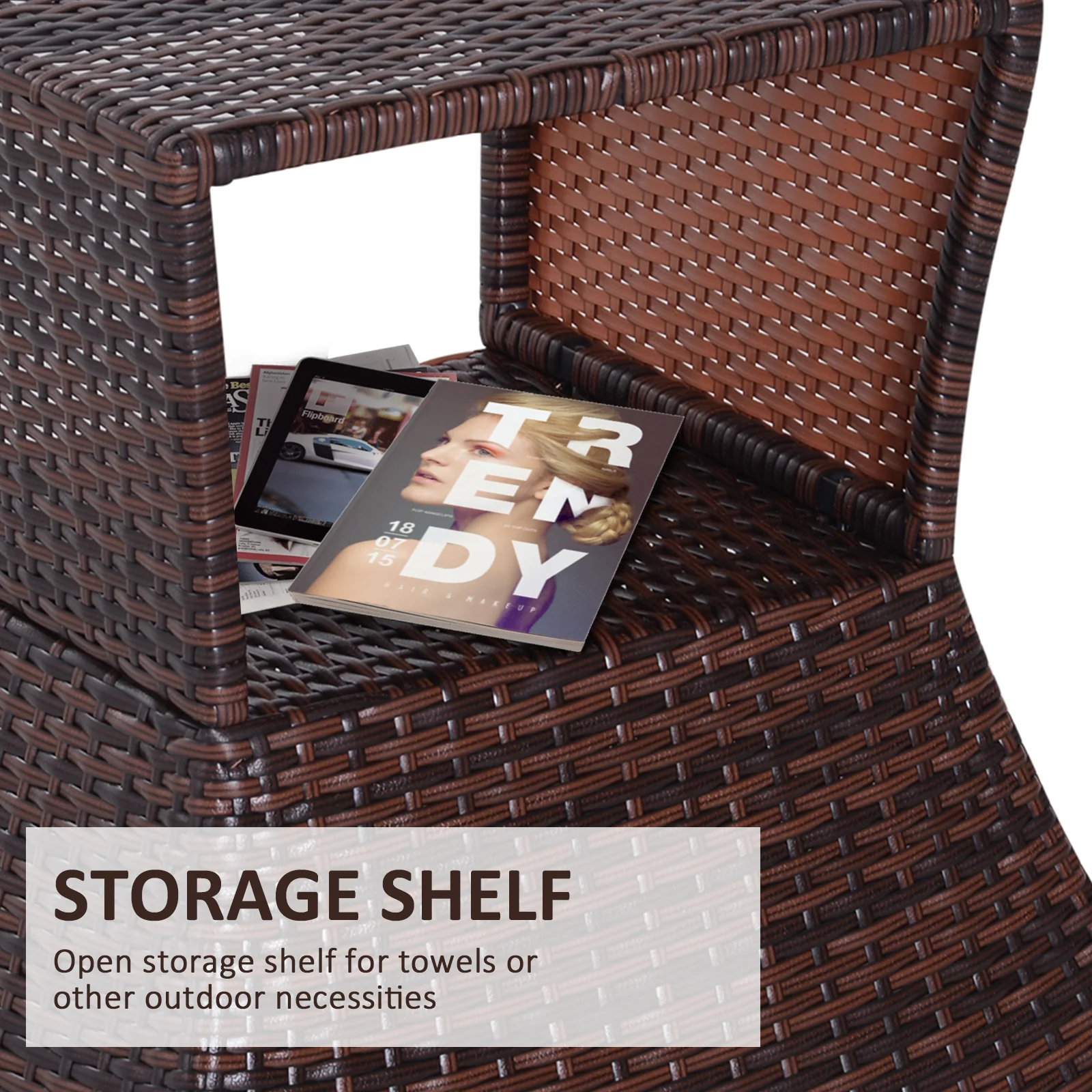 Wicker Patio Bistro Side Table with Umbrella Hole & Storage Space for Balcony, Brown - Image 7