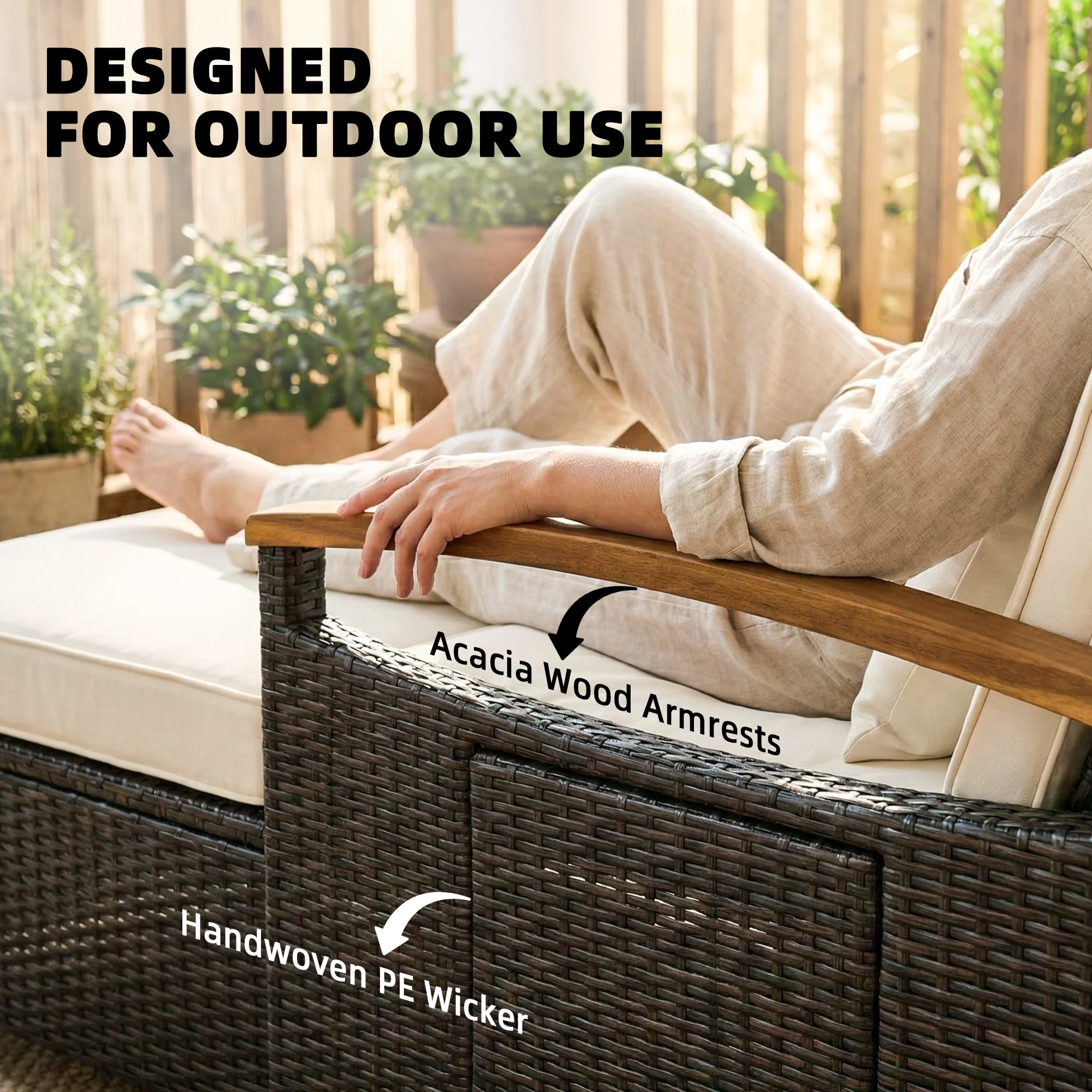 Rattan Daybed with Adjustable Backrest, Storage Ottoman, Beige - Image 10