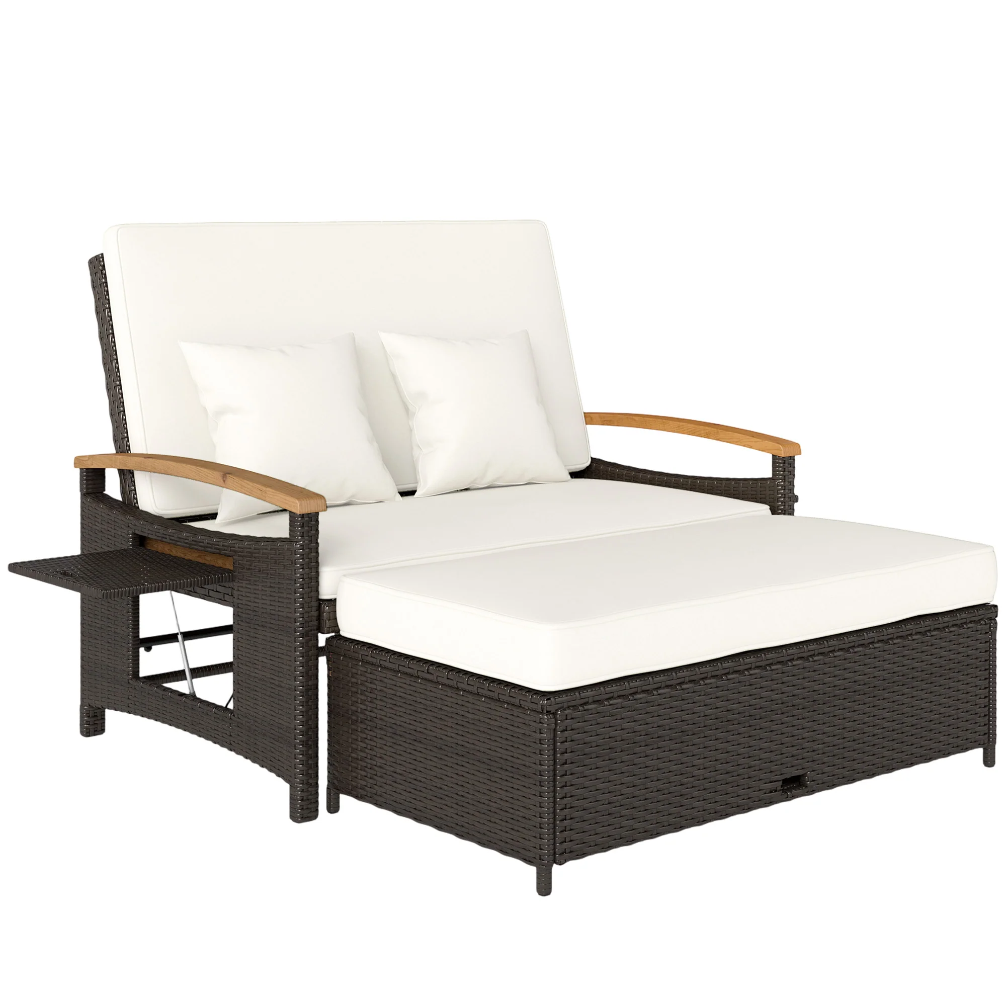 Rattan Daybed with Adjustable Backrest, Storage Ottoman, Beige - Image 12