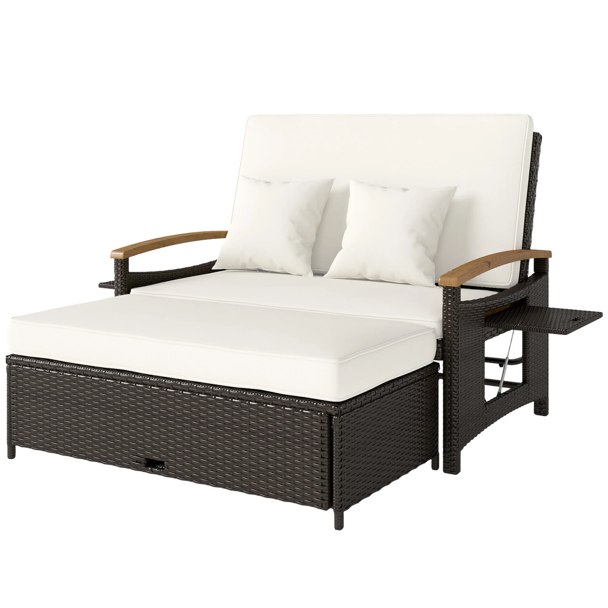 Rattan Daybed with Adjustable Backrest, Storage Ottoman, Beige - Image 2