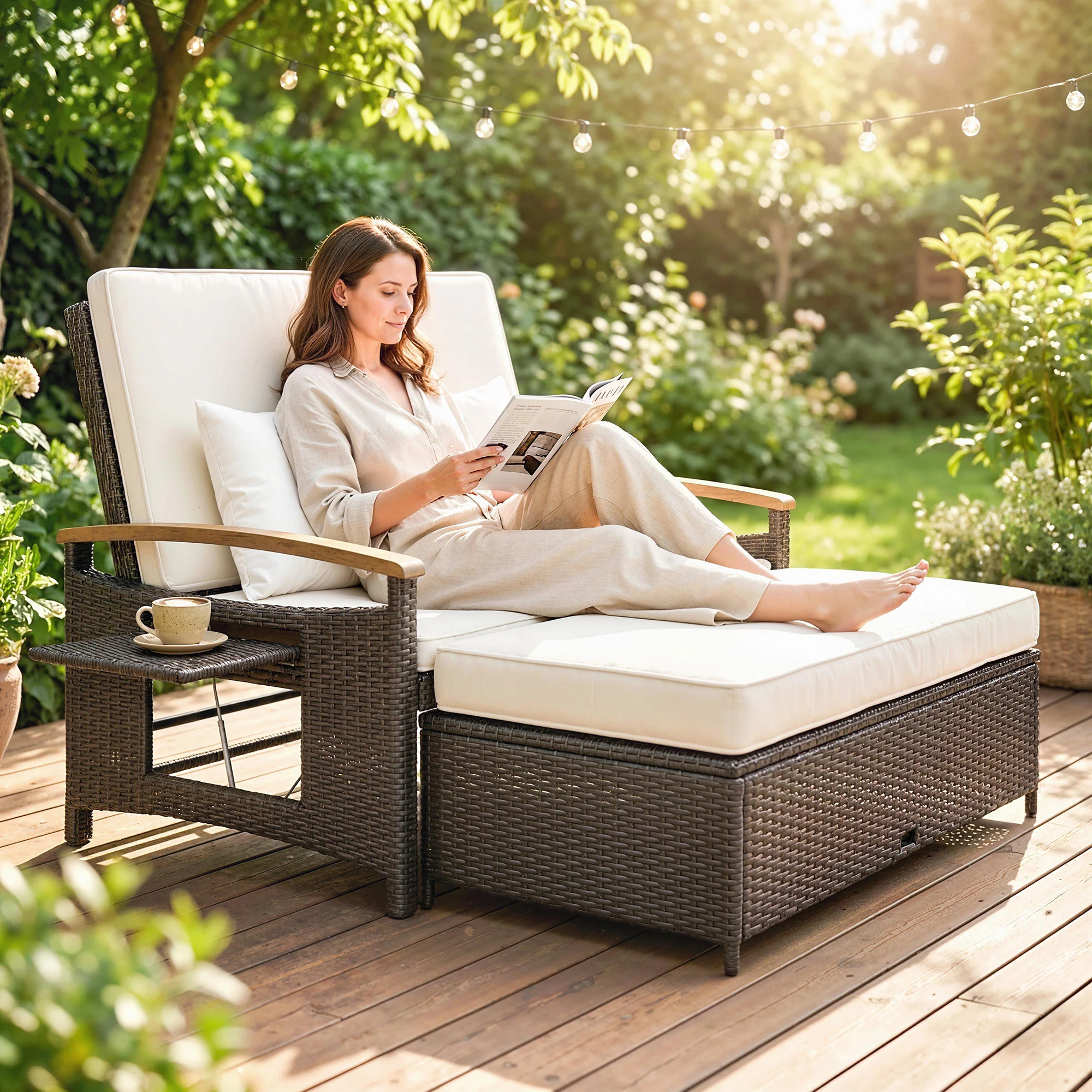 Rattan Daybed with Adjustable Backrest, Storage Ottoman, Beige - Image 3