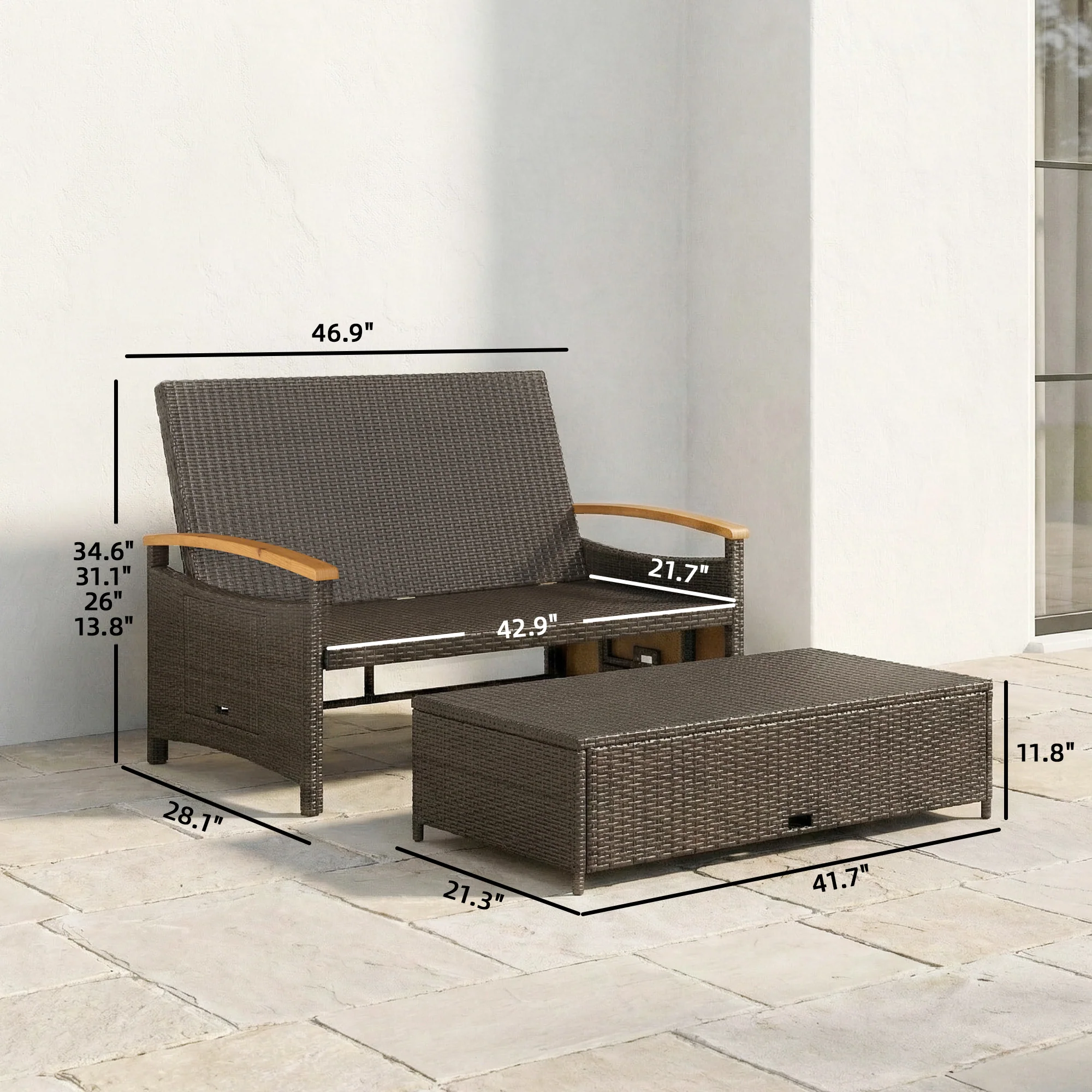 Rattan Daybed with Adjustable Backrest, Storage Ottoman, Beige - Image 5