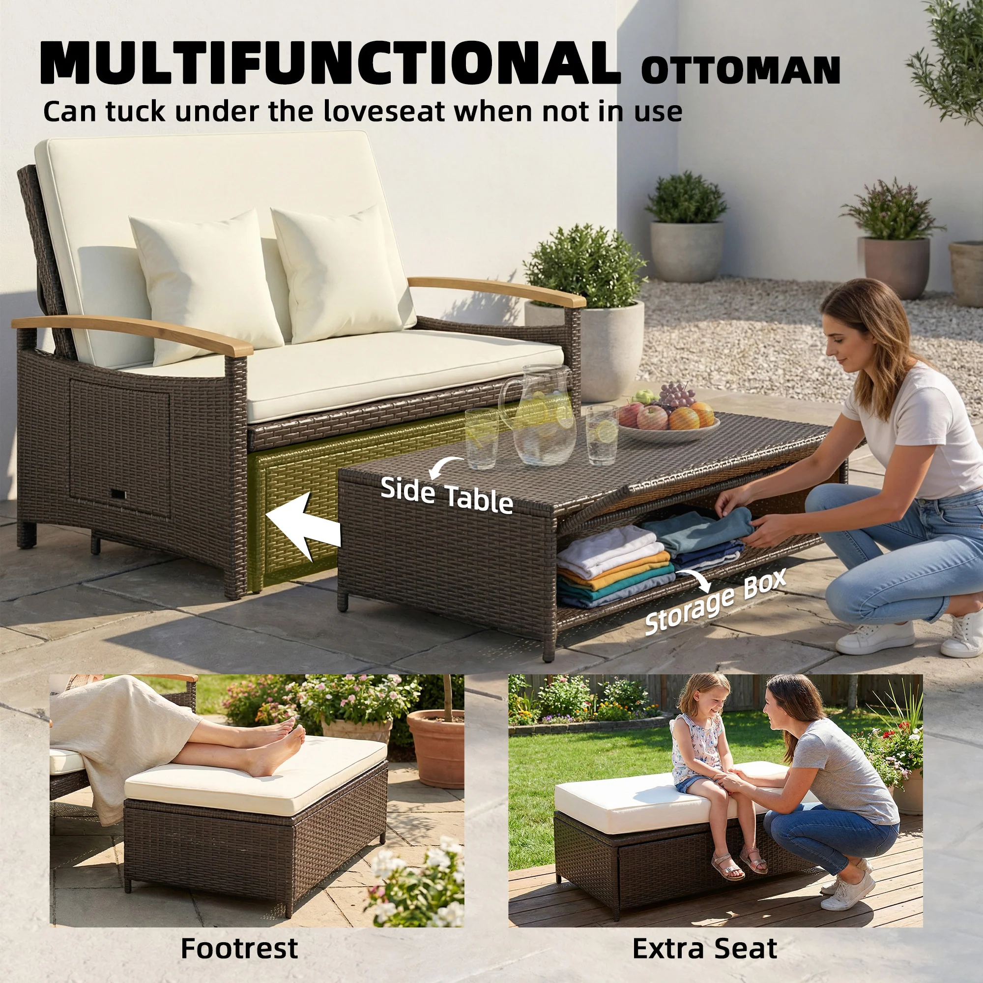 Rattan Daybed with Adjustable Backrest, Storage Ottoman, Beige - Image 6