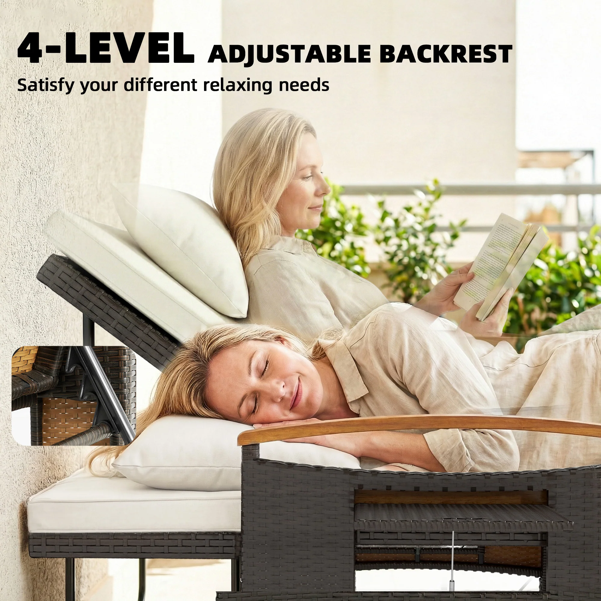 Rattan Daybed with Adjustable Backrest, Storage Ottoman, Beige - Image 7