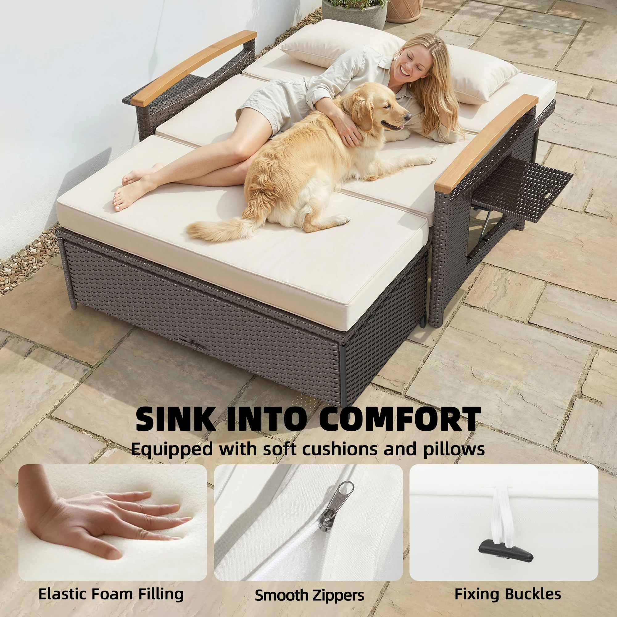 Rattan Daybed with Adjustable Backrest, Storage Ottoman, Beige - Image 8