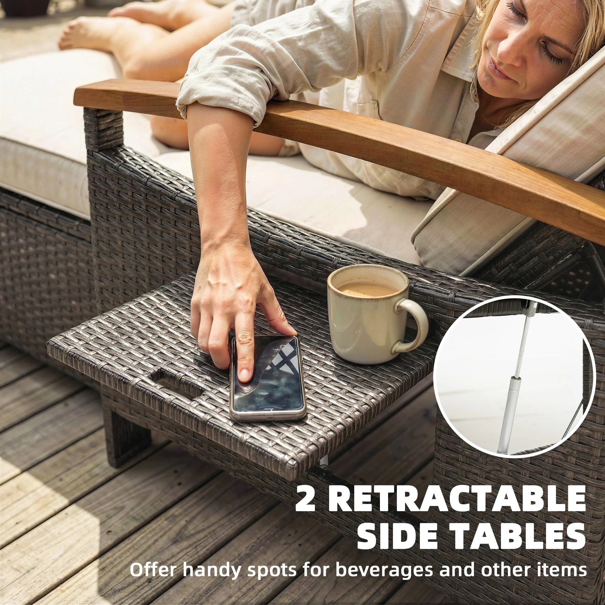 Rattan Daybed with Adjustable Backrest, Storage Ottoman, Beige - Image 9