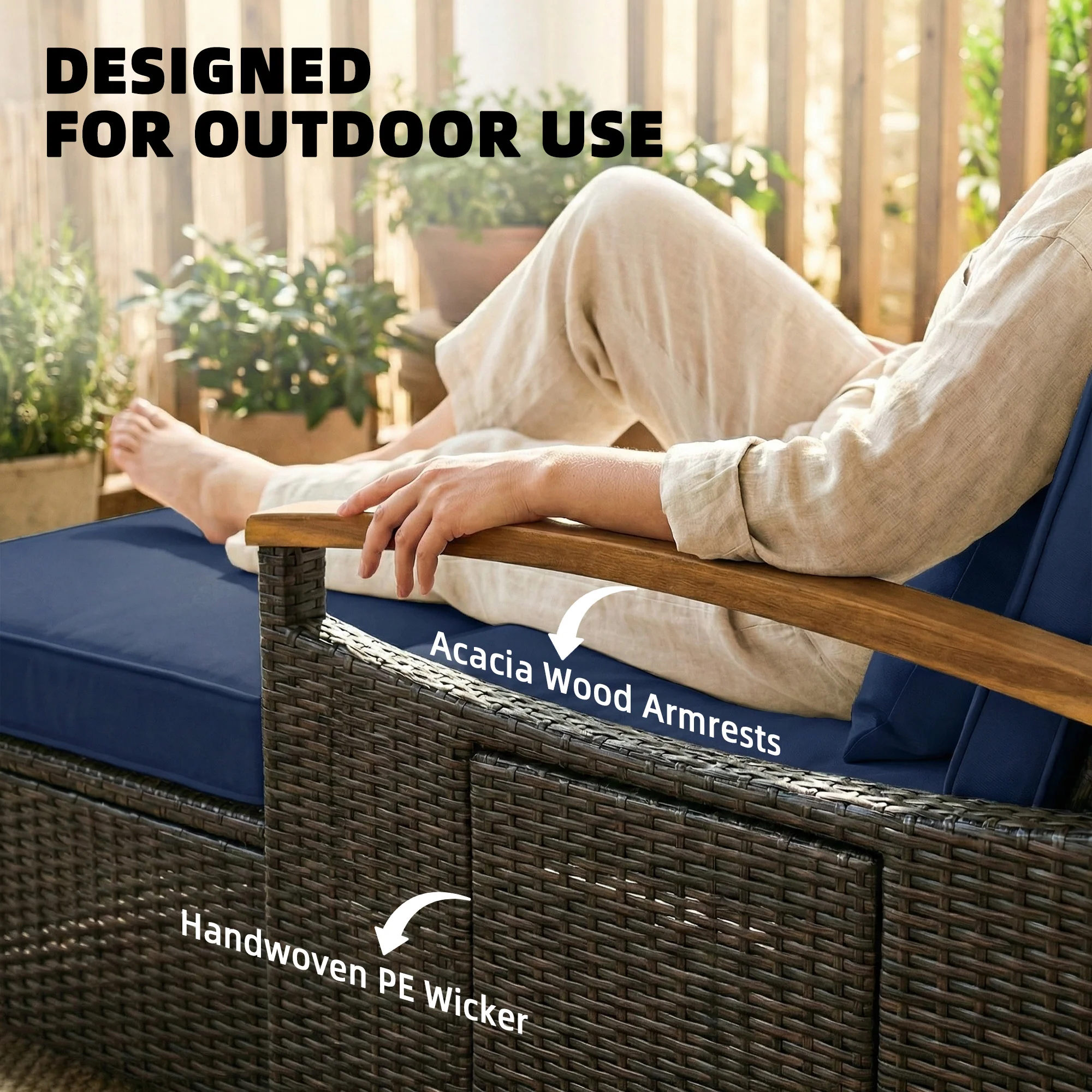 Rattan Daybed with Adjustable Backrest, Storage Ottoman, Navy Blue - Image 10