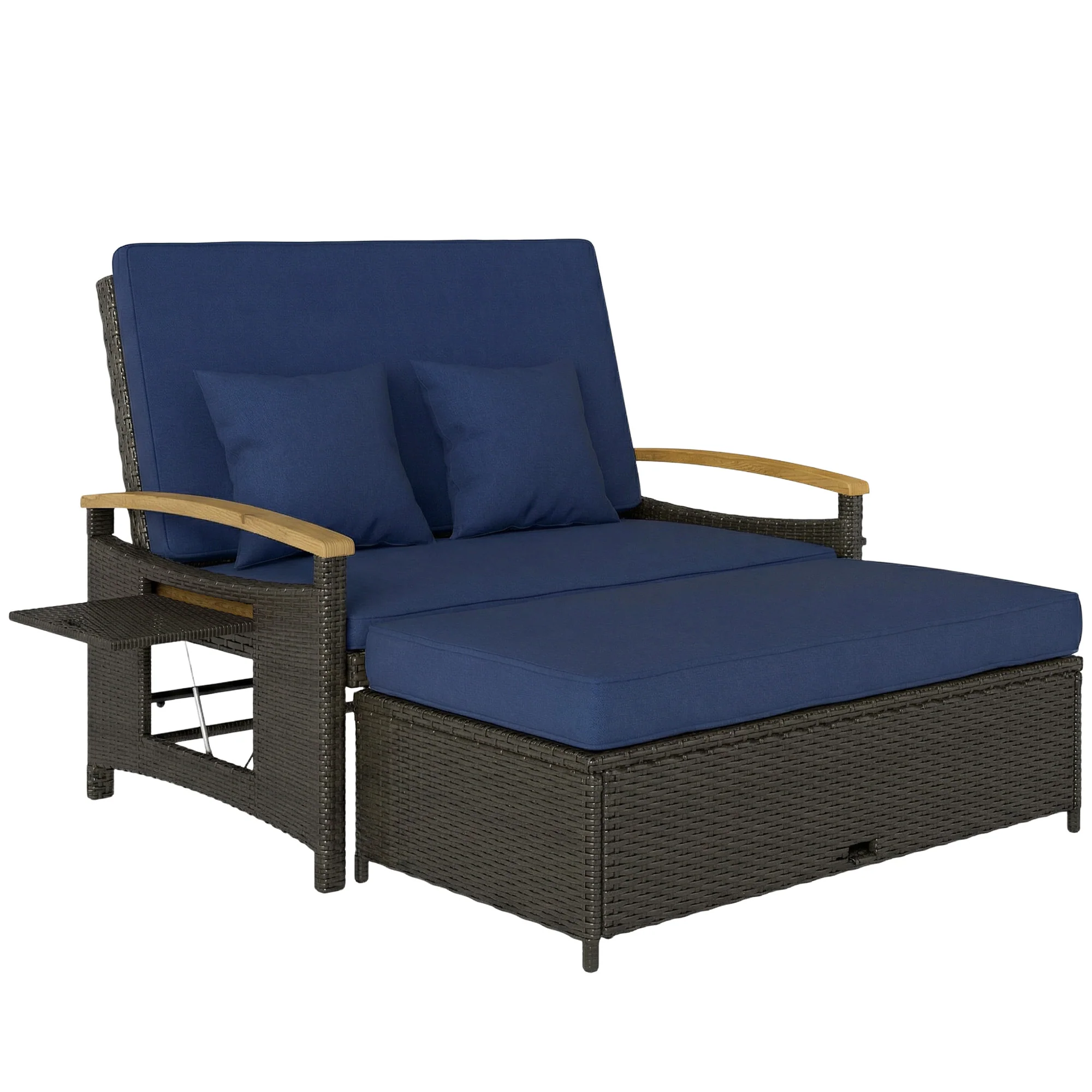 Rattan Daybed with Adjustable Backrest, Storage Ottoman, Navy Blue - Image 12