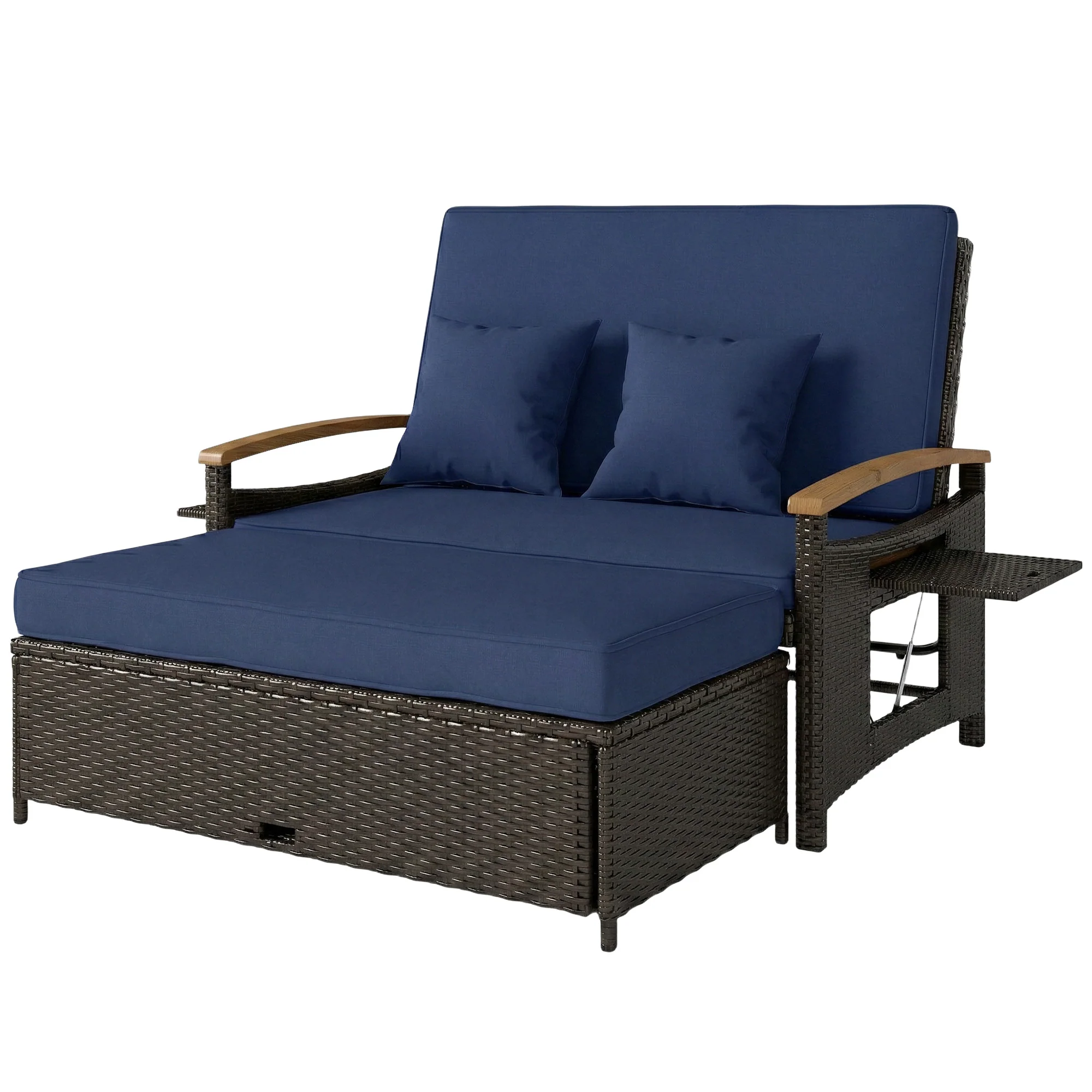 Rattan Daybed with Adjustable Backrest, Storage Ottoman, Navy Blue - Image 2