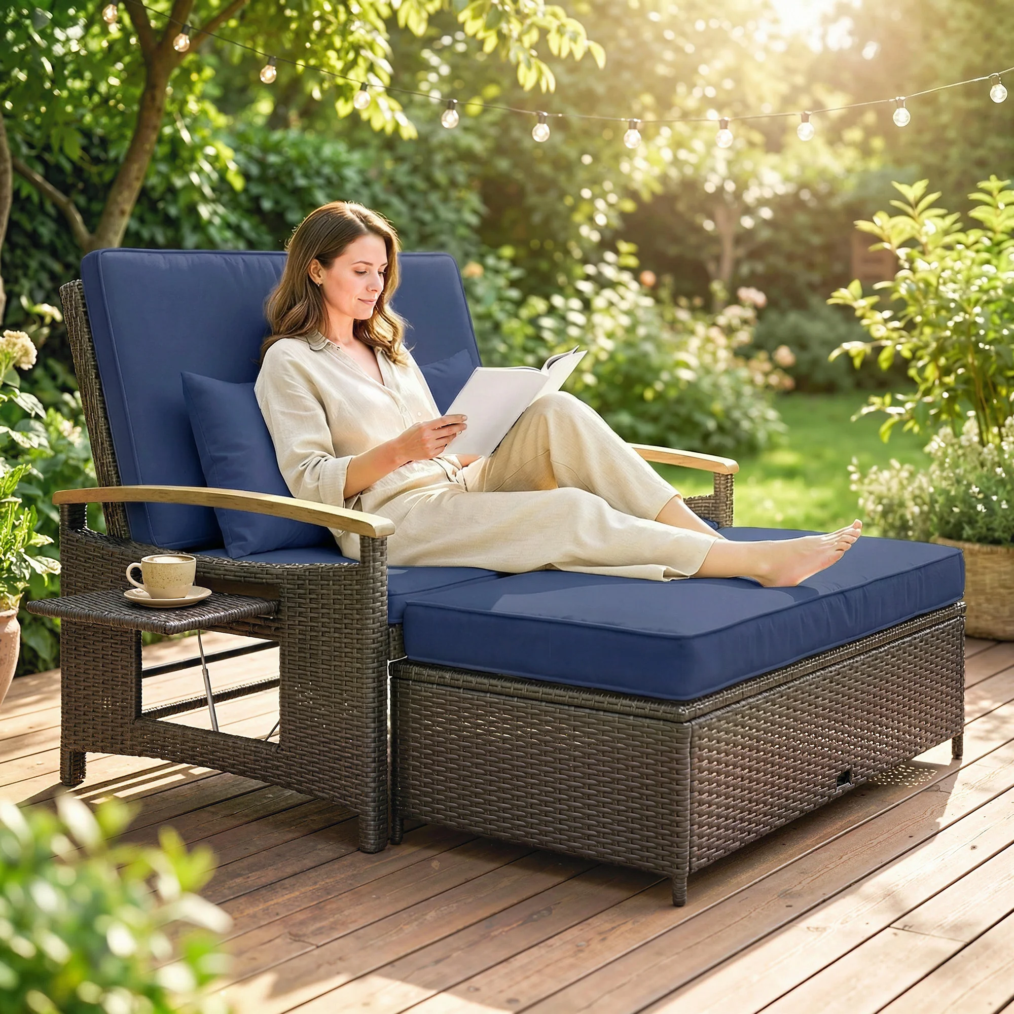 Rattan Daybed with Adjustable Backrest, Storage Ottoman, Navy Blue - Image 3