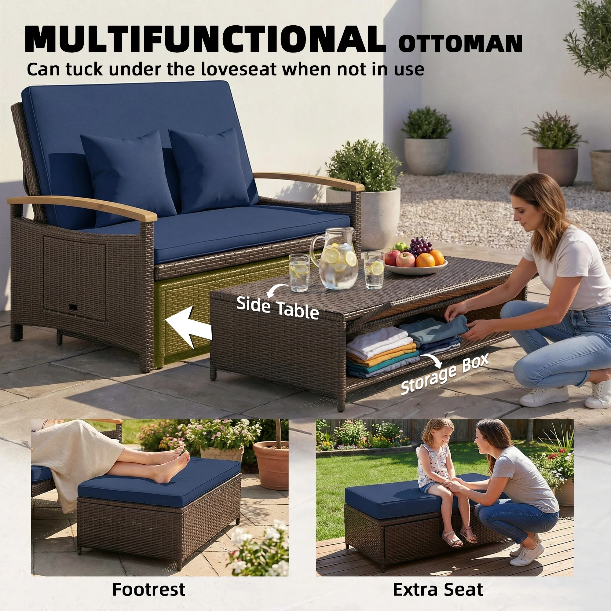 Rattan Daybed with Adjustable Backrest, Storage Ottoman, Navy Blue - Image 6