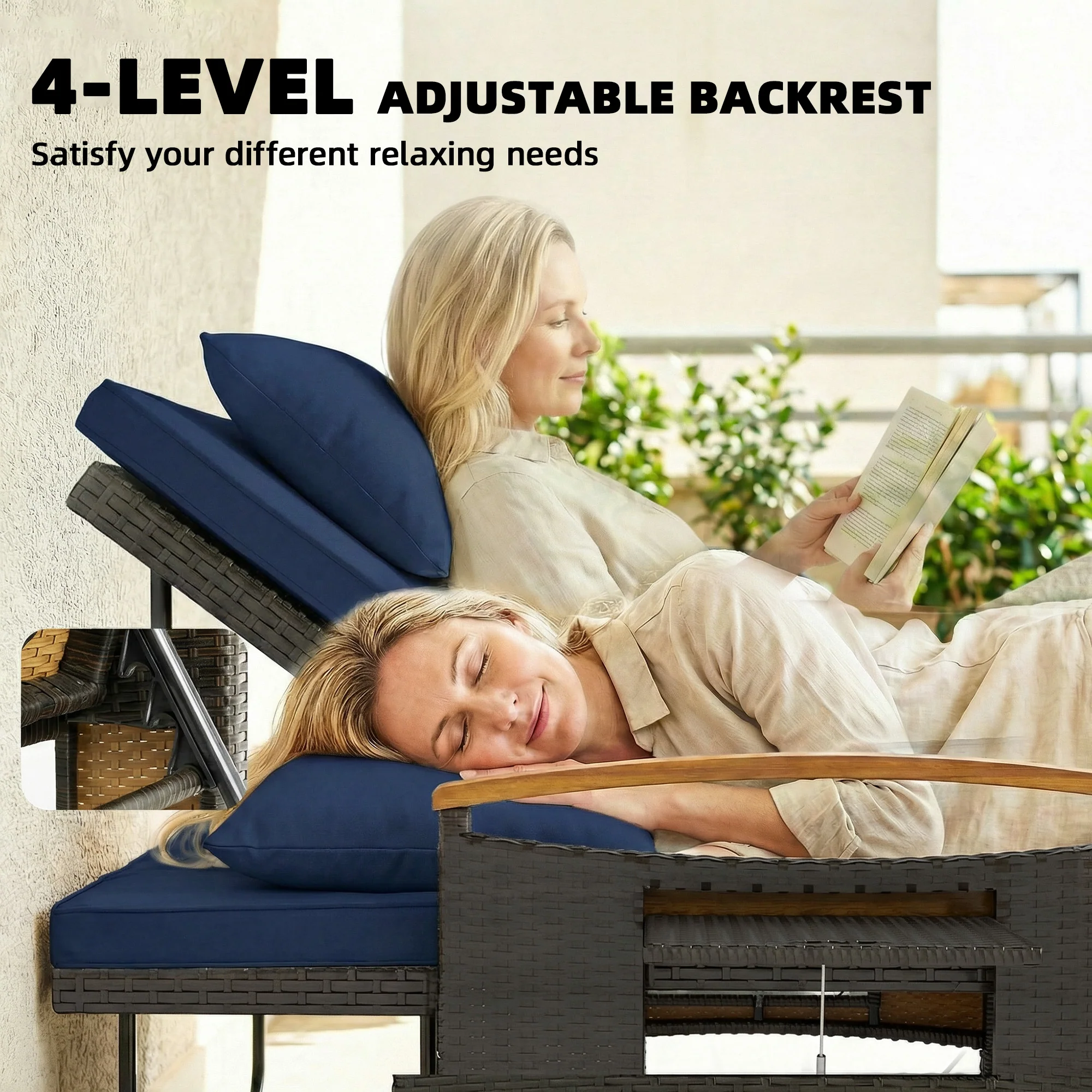Rattan Daybed with Adjustable Backrest, Storage Ottoman, Navy Blue - Image 7