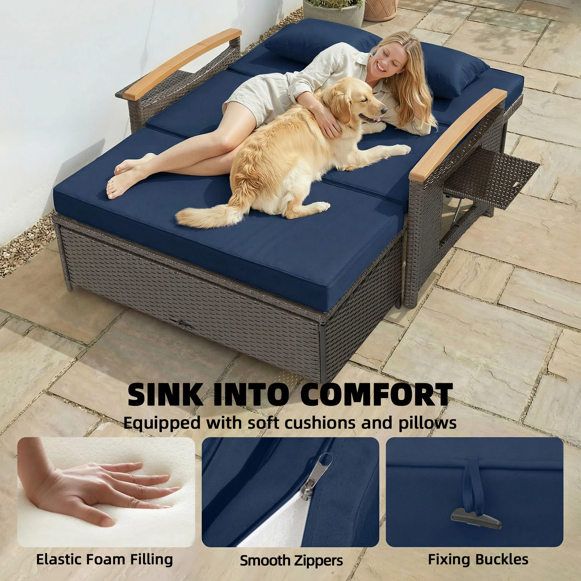 Rattan Daybed with Adjustable Backrest, Storage Ottoman, Navy Blue - Image 8
