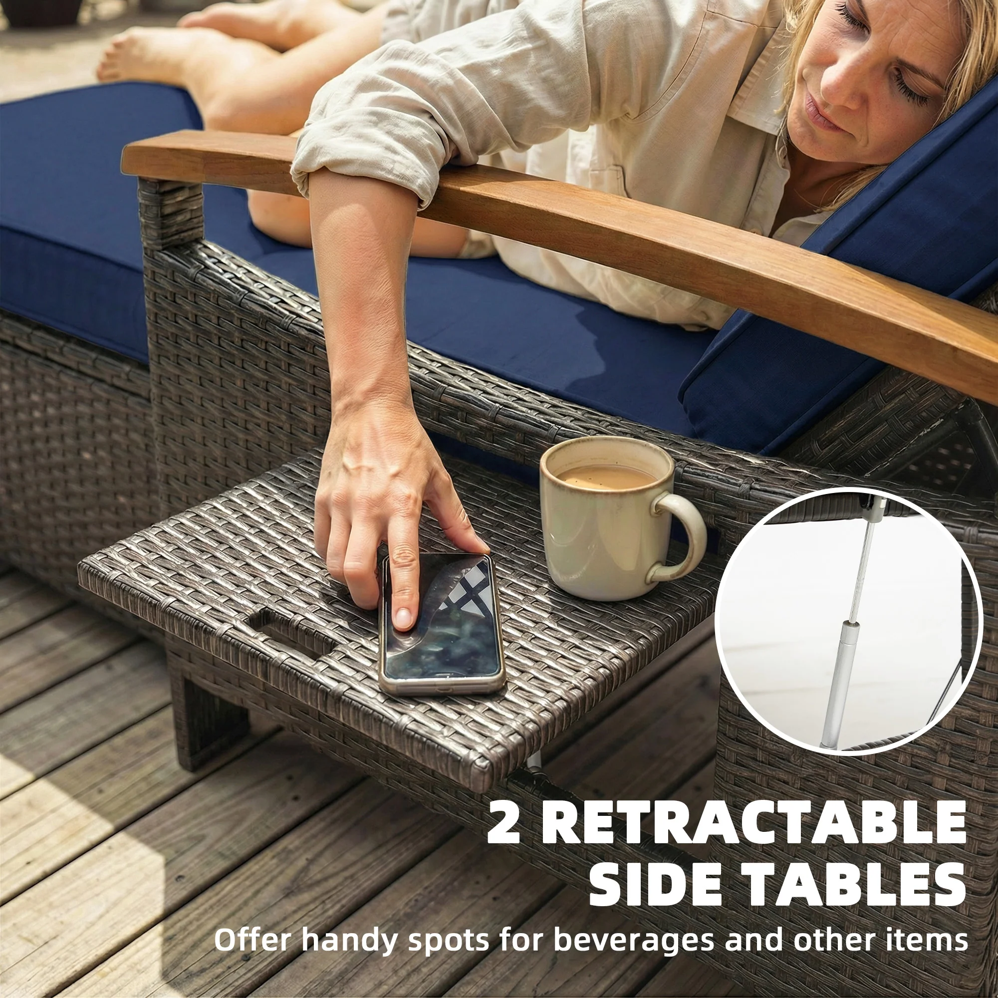 Rattan Daybed with Adjustable Backrest, Storage Ottoman, Navy Blue - Image 9