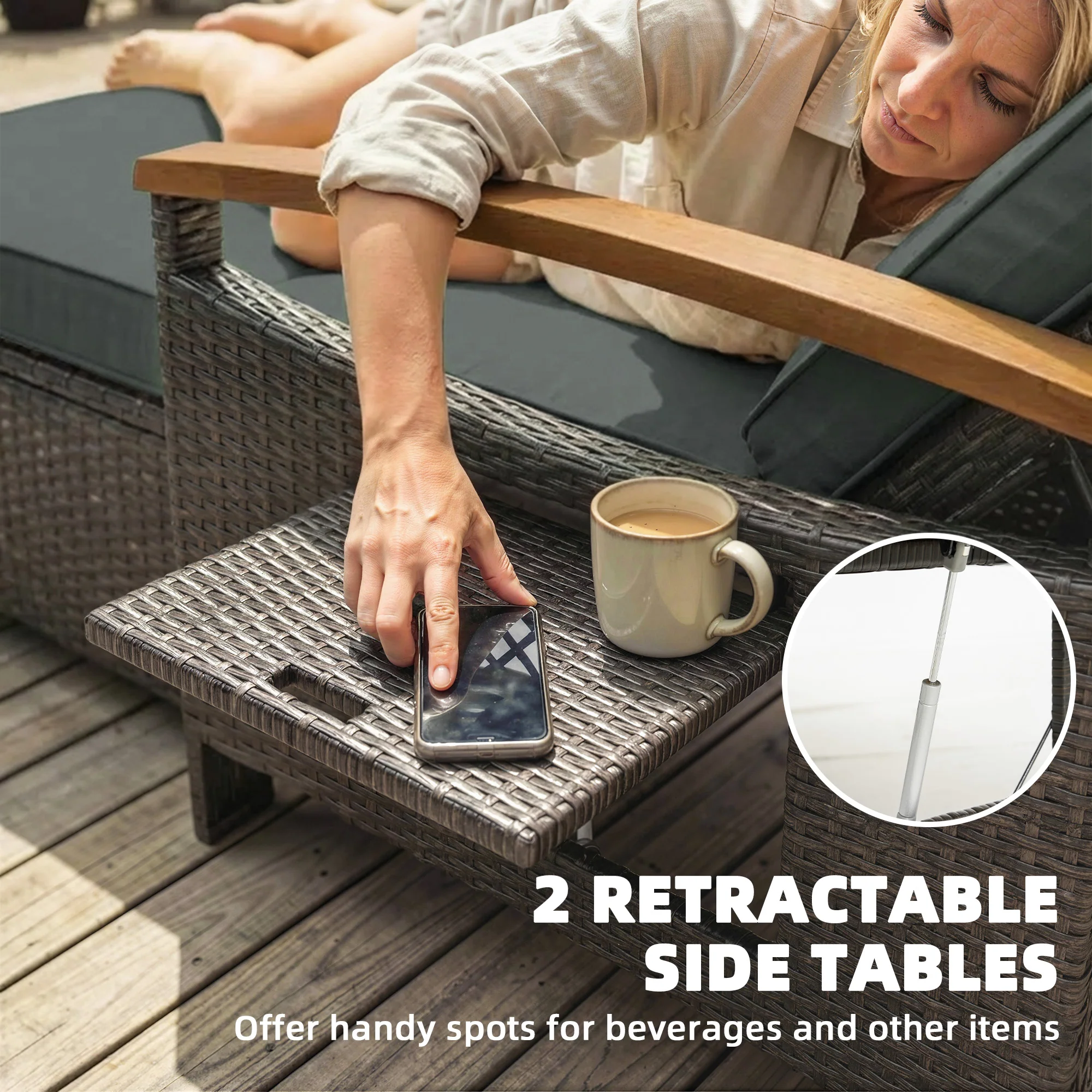 Rattan Daybed with Adjustable Backrest, Storage Ottoman, Mixed Gray - Image 9