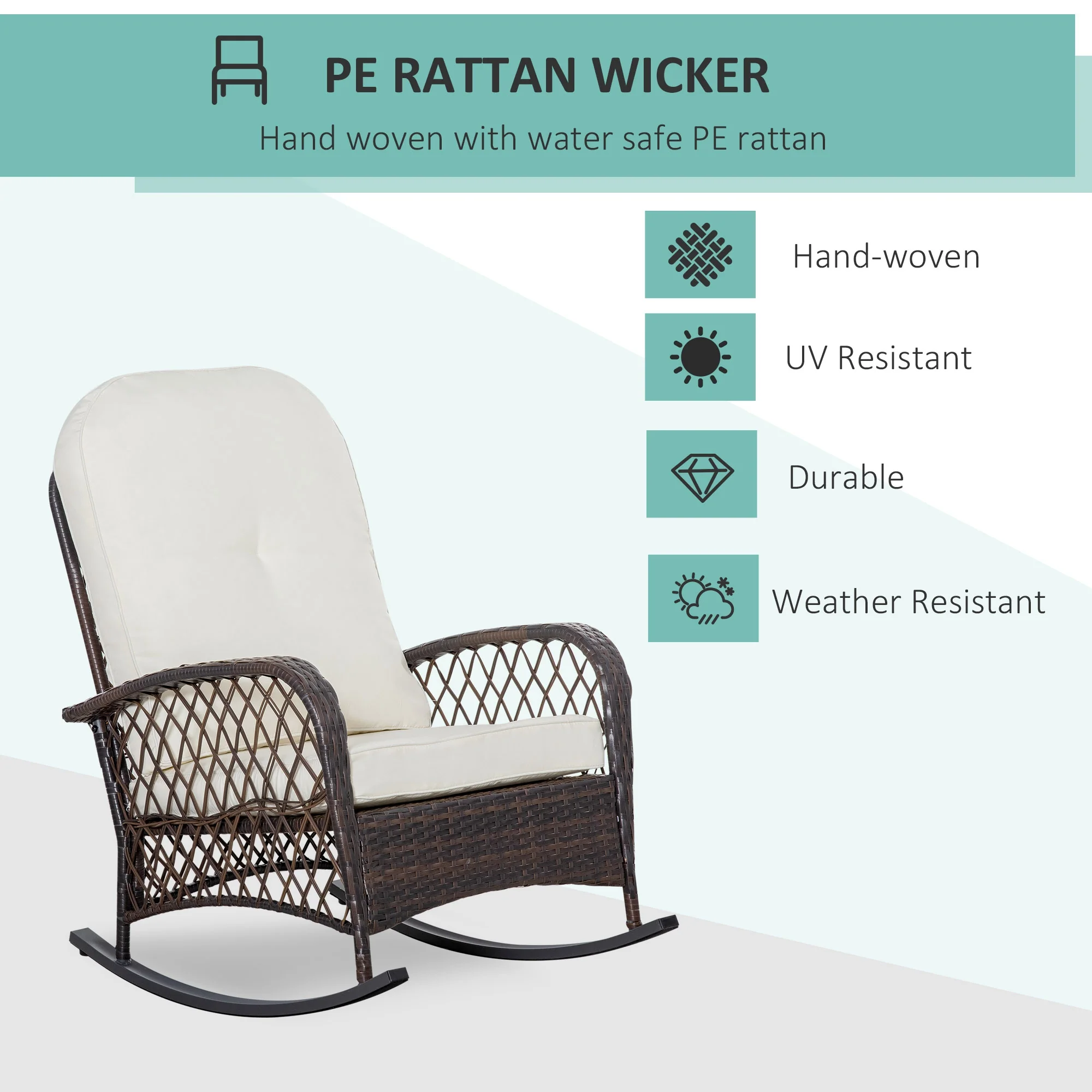 Outdoor Wicker Patio Rocker Chair Furniture with Thick Cushions for Garden, Cream White - Image 6