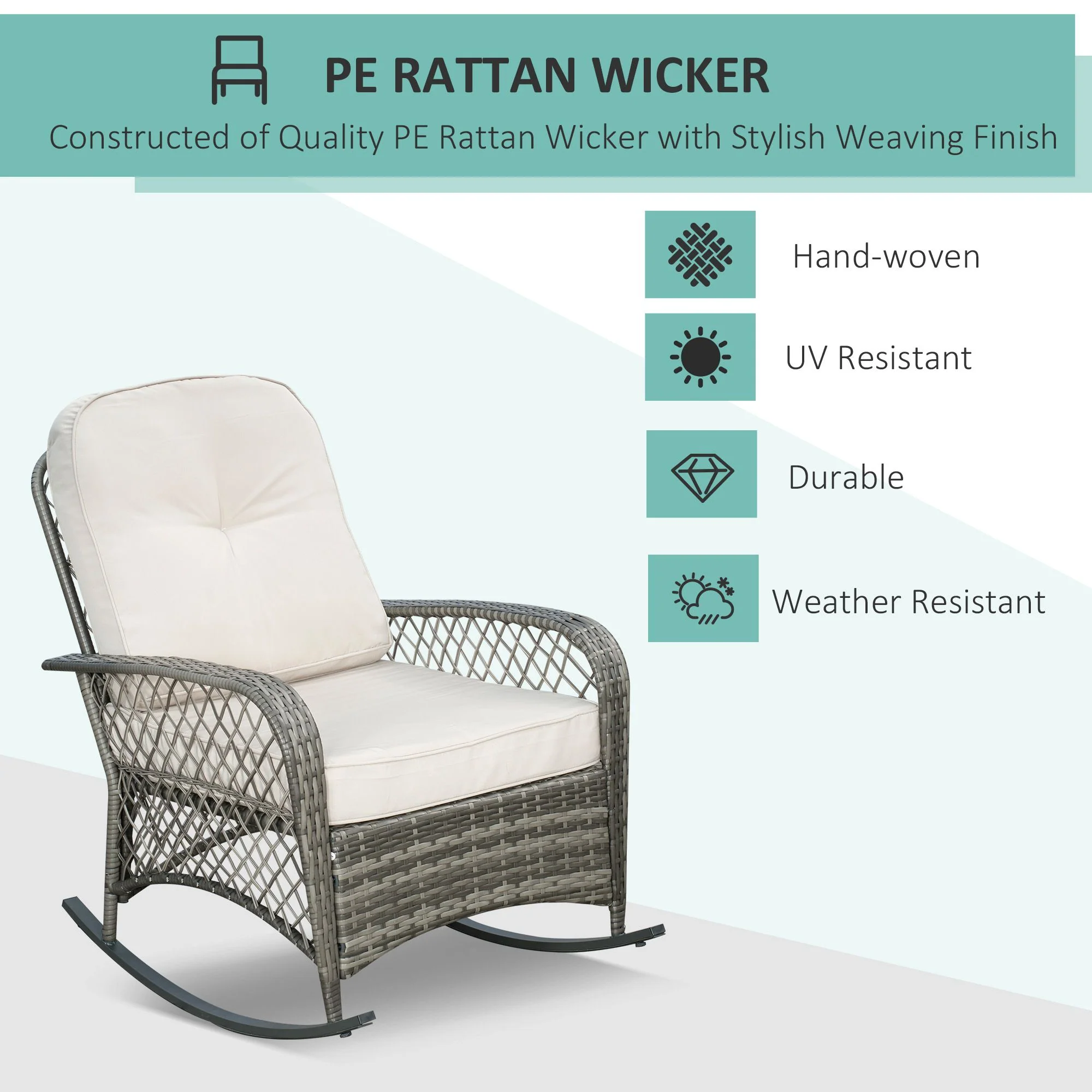 Outdoor Wicker Patio Rocker Chair Furniture with Thick Cushions for Garden, Khaki - Image 6