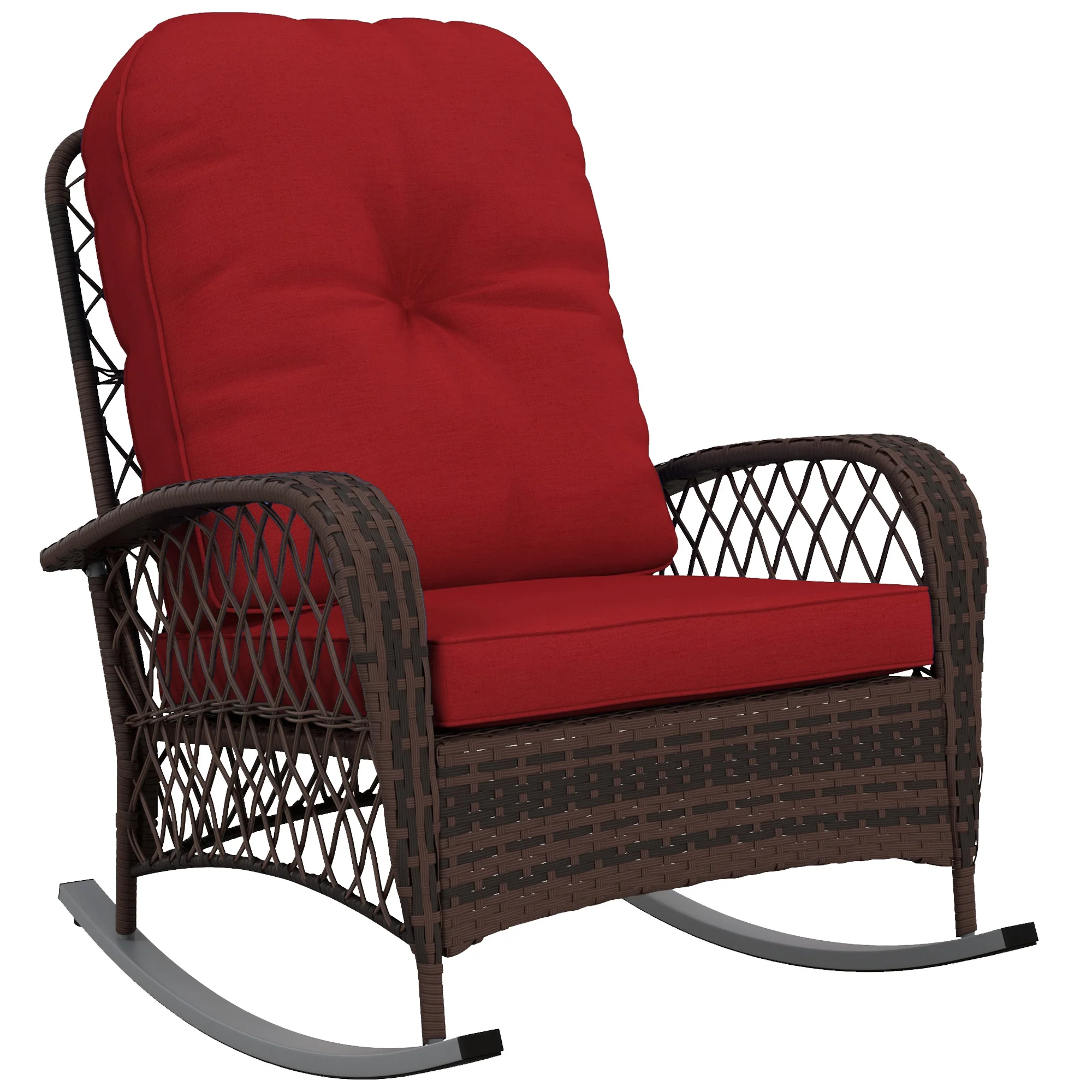 Outdoor Wicker Rattan Rocking Chair, Patio Rocker with Thick Cushions, Wine Red