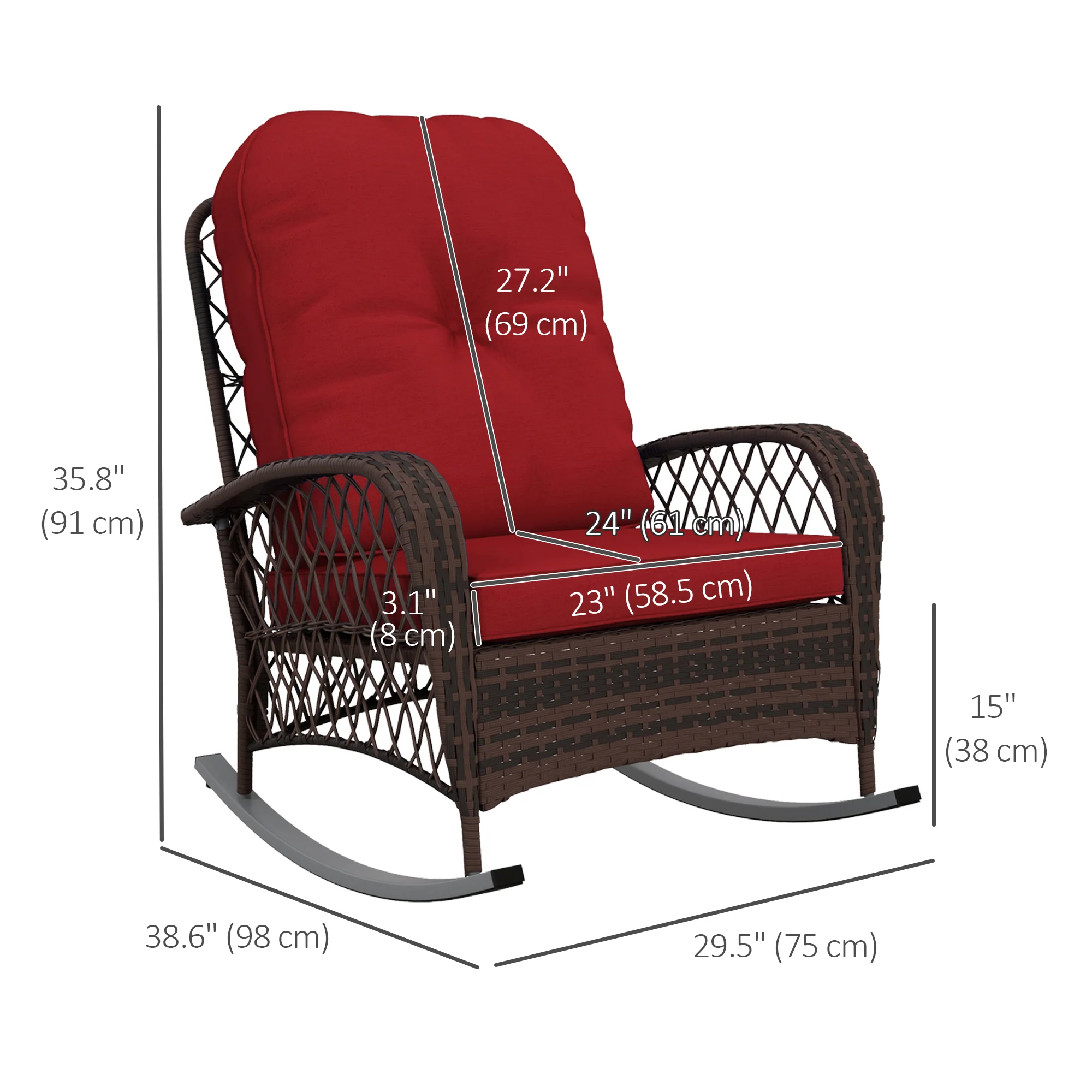 Outdoor Wicker Rattan Rocking Chair, Patio Rocker with Thick Cushions, Wine Red - Image 5