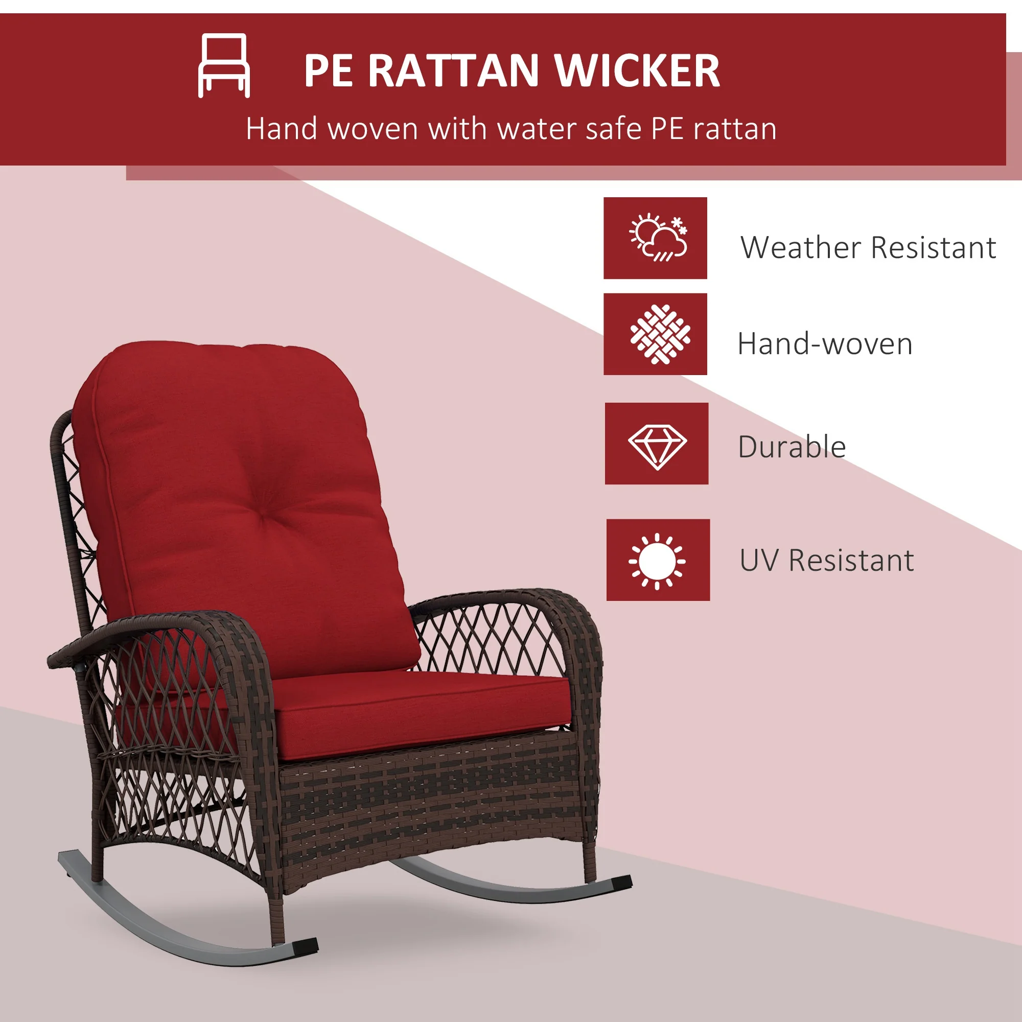 Outdoor Wicker Rattan Rocking Chair, Patio Rocker with Thick Cushions, Wine Red - Image 6