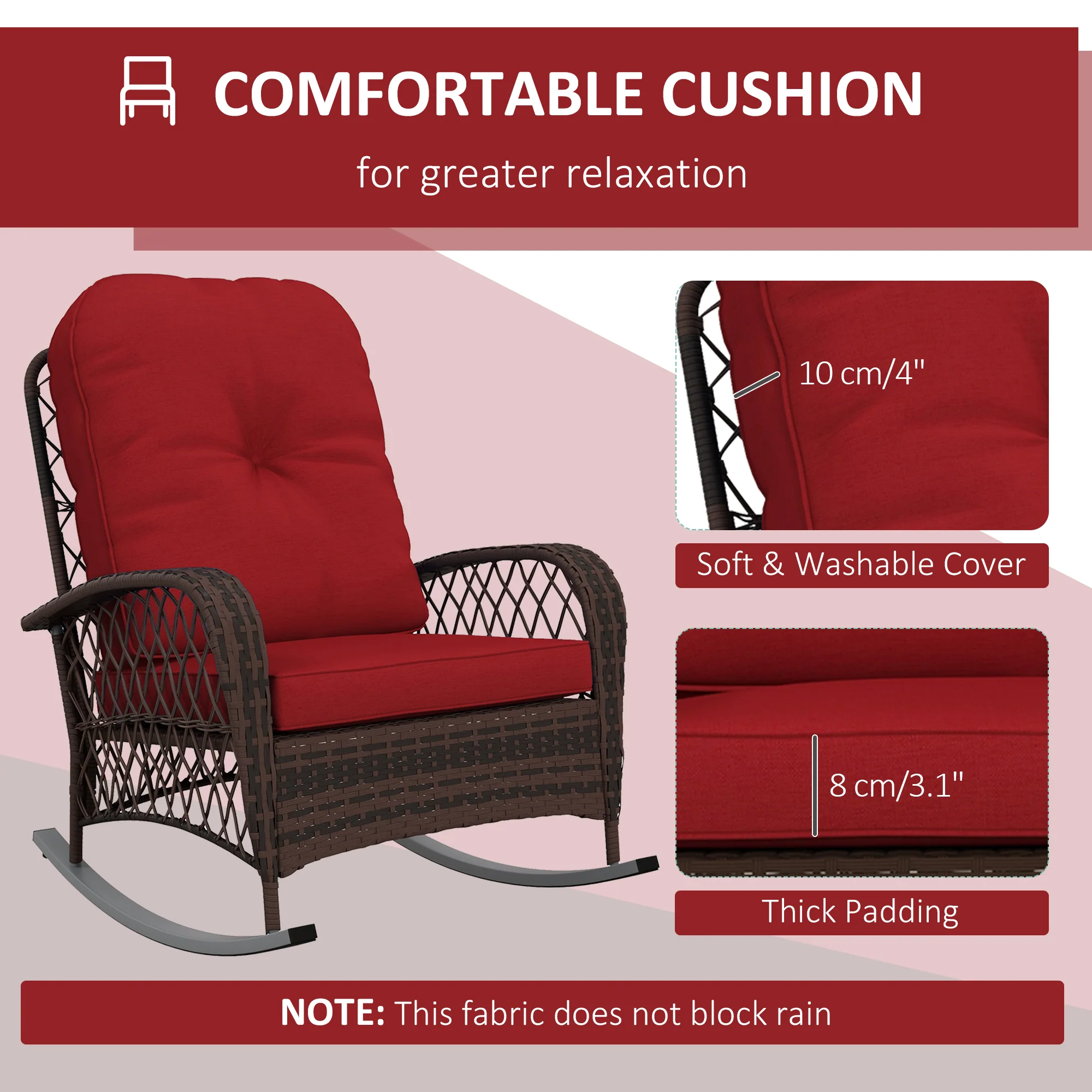 Outdoor Wicker Rattan Rocking Chair, Patio Rocker with Thick Cushions, Wine Red - Image 7