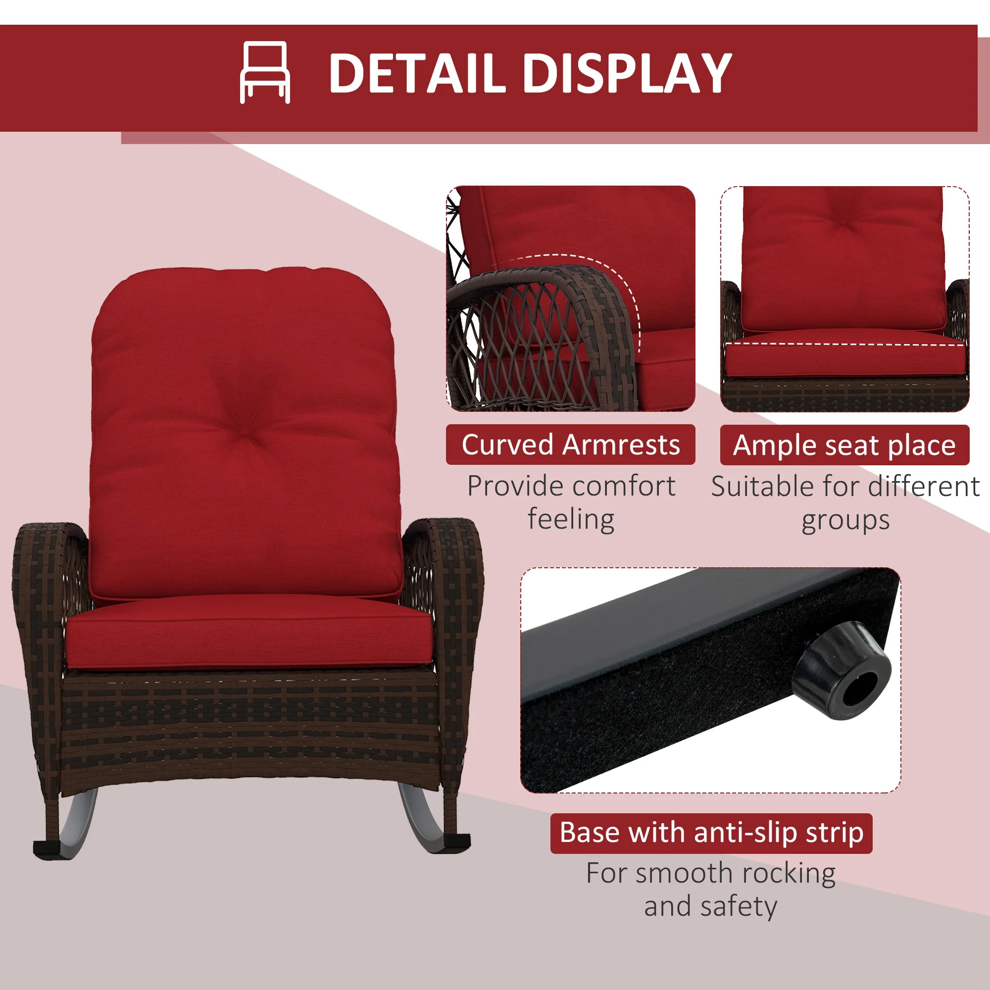 Outdoor Wicker Rattan Rocking Chair, Patio Rocker with Thick Cushions, Wine Red - Image 8