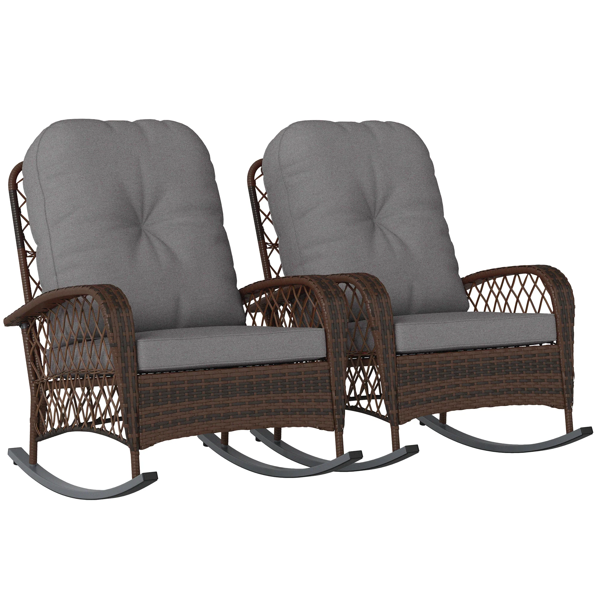 Outdoor Wicker Rattan Rocking Chair Set of 2, Patio Rocker with Thick Cushions, Grey